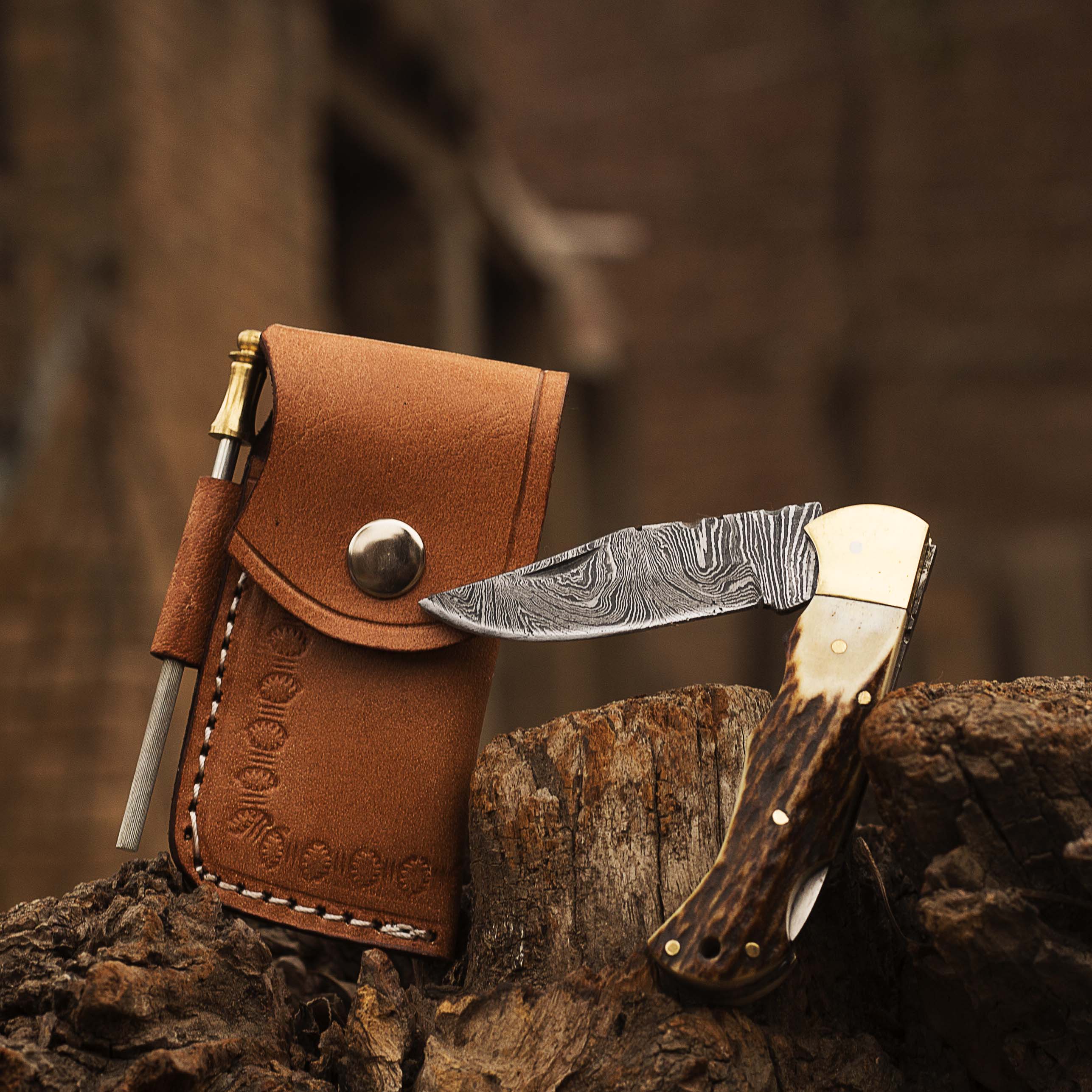 Damascus steel Folding Pocket Knife with Antler Handle by Teton Twist Knives – view 1