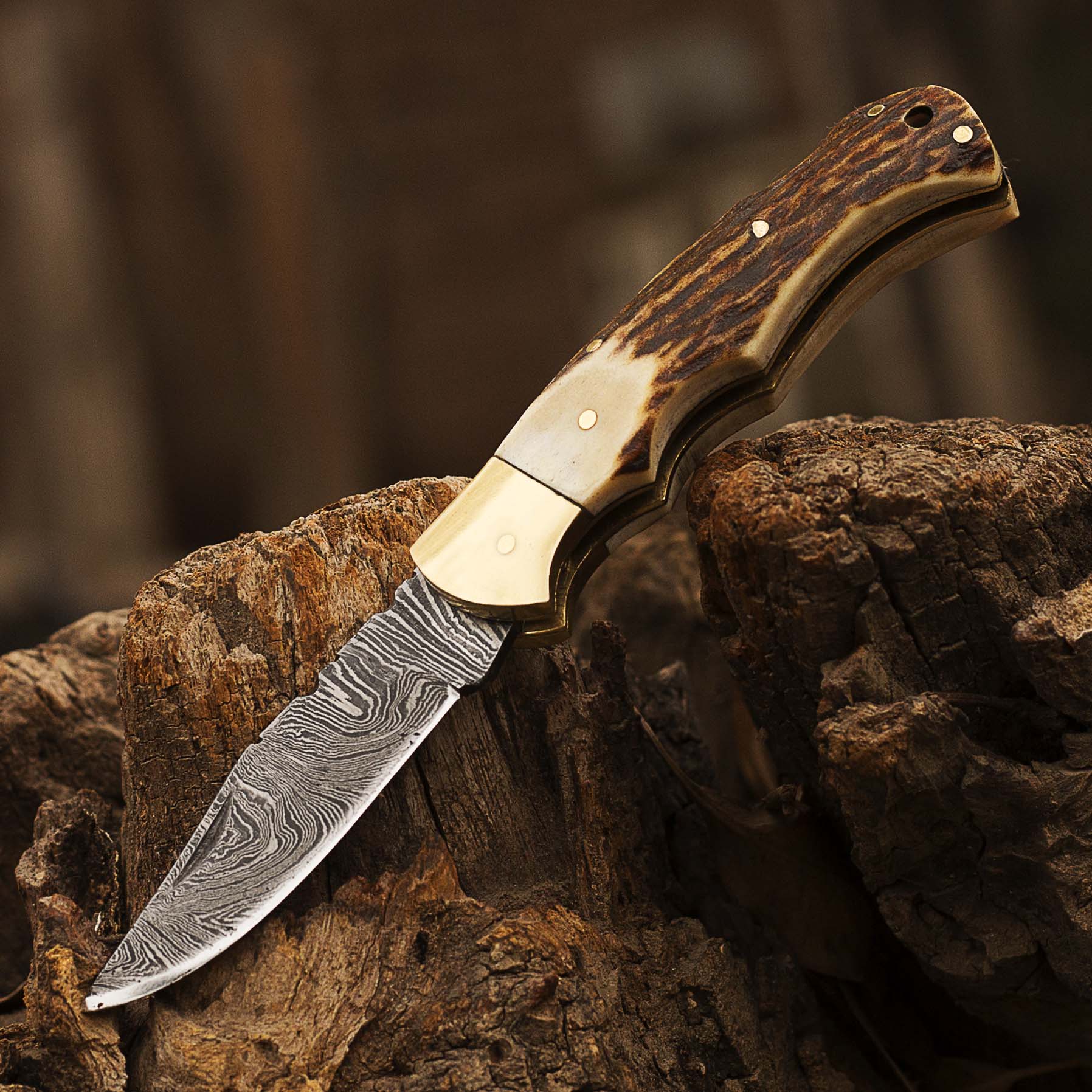 Damascus steel Folding Pocket Knife with Antler Handle by Teton Twist Knives – view 2