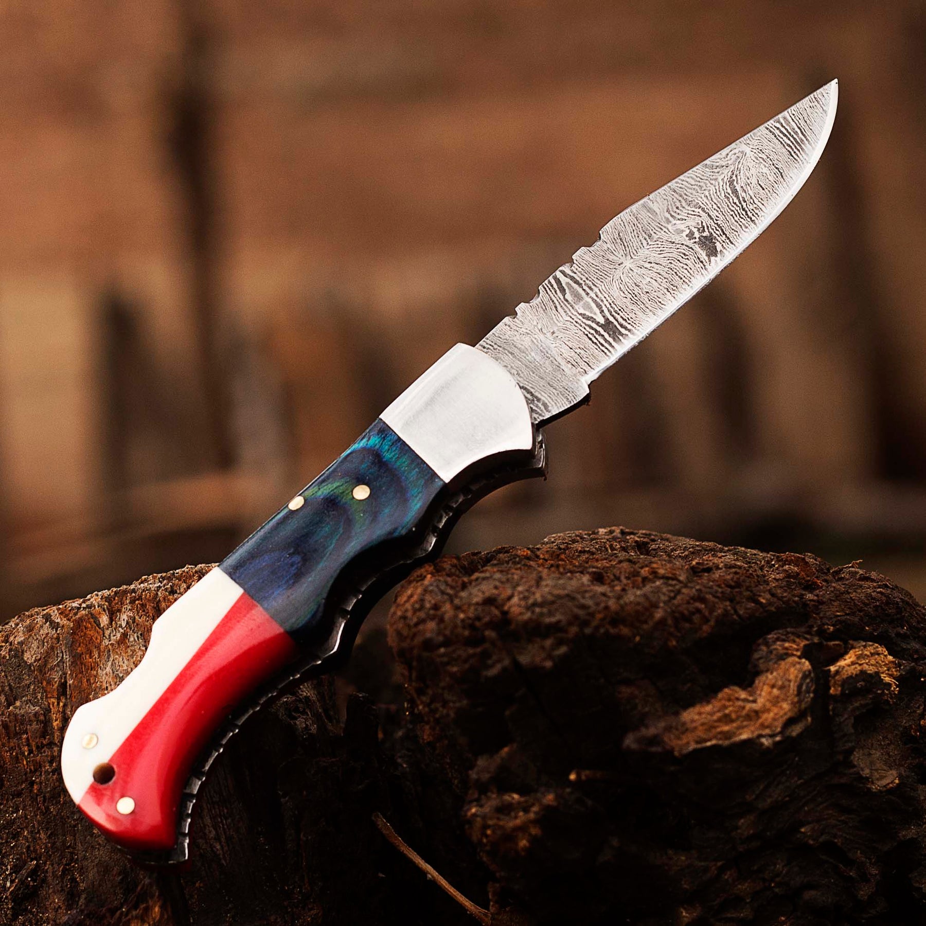 Handmade Damascus Pocket Knife, Texas Flag Folding Knife, Outdoor Survival Knife With Leather Sheath - Groomsmen Gift, Anniversary Gift