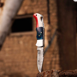 Handmade Damascus Pocket Knife, Texas Flag Folding Knife, Outdoor Survival Knife With Leather Sheath - Groomsmen Gift, Anniversary Gift