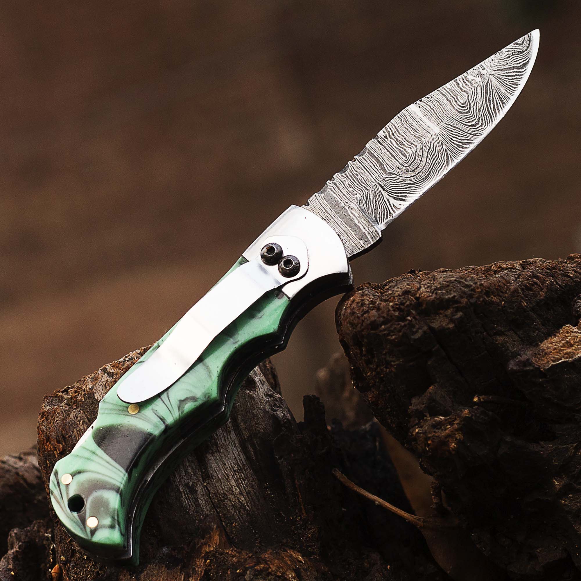 Damascus steel Folding Pocket Knife with Resin Handle by Teton Twist Knives – view 2