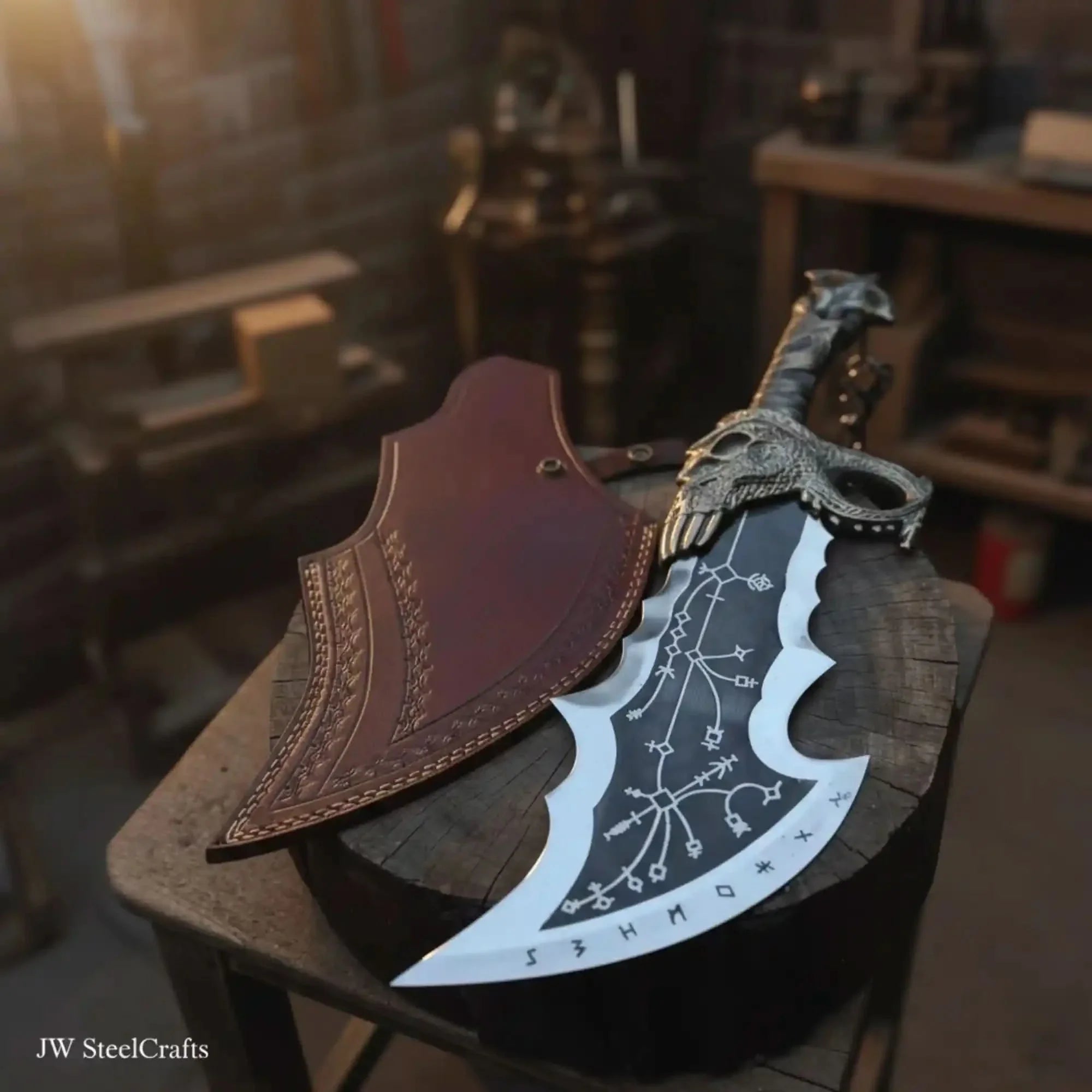 Blades of Chaos Replica Inspired Crescent Blade With Leather Sheath by JW SteelCrafts, leather knife sheath main product photo