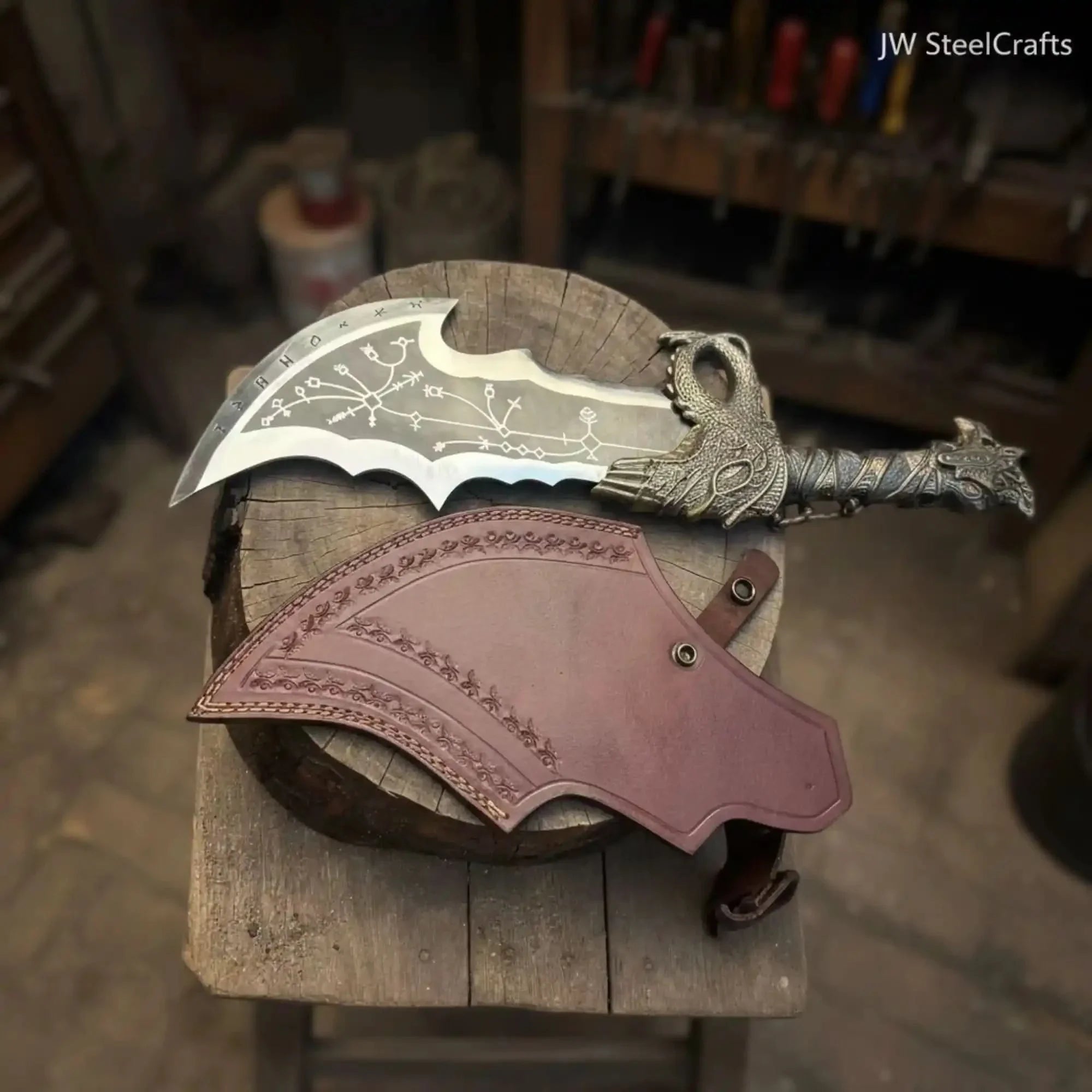 Blades of Chaos Replica Inspired Crescent Blade With Leather Sheath by JW SteelCrafts, leather knife sheath detail photo 2