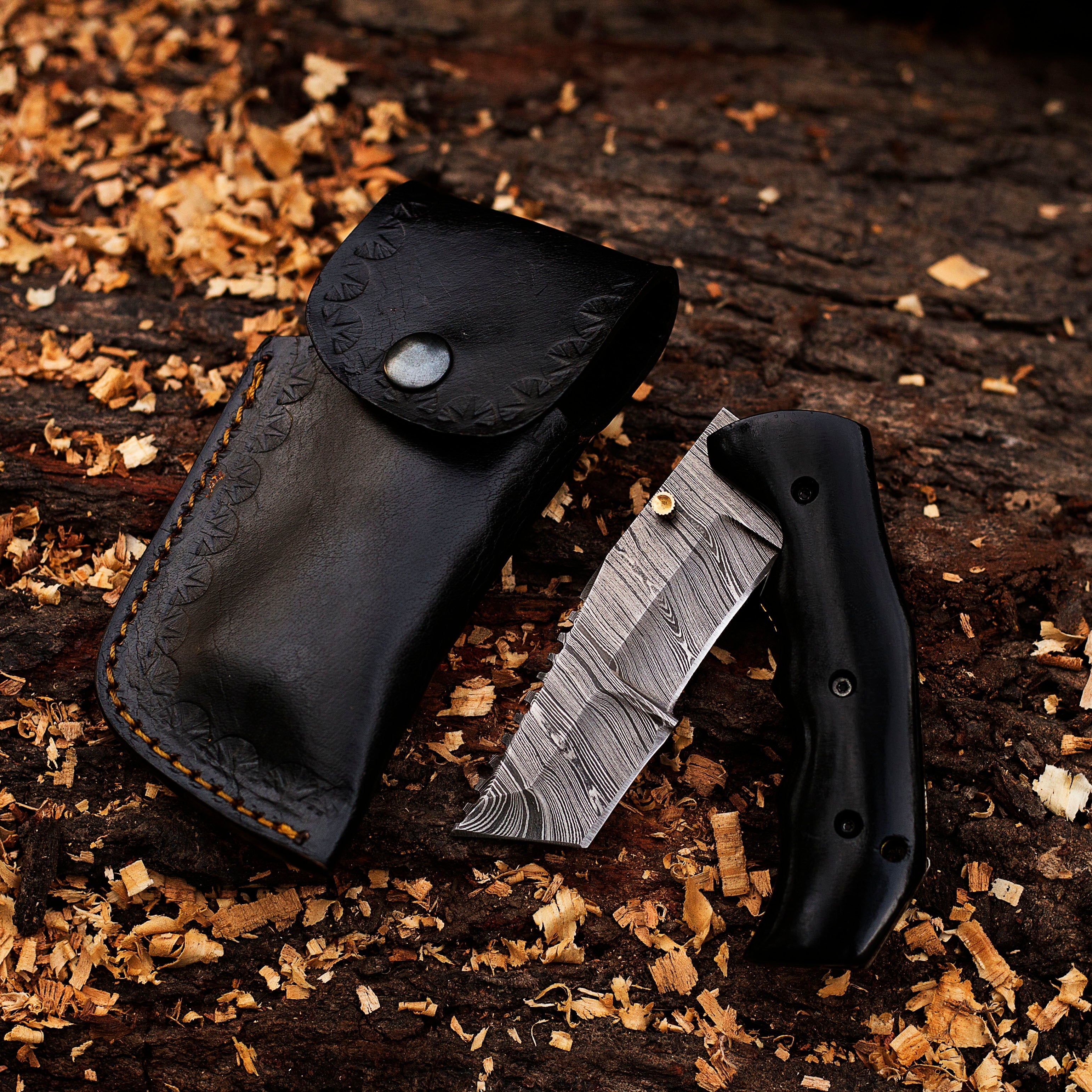 Damascus steel Folding Pocket Knife with Micarta Handle by Teton Twist Knives – view 1