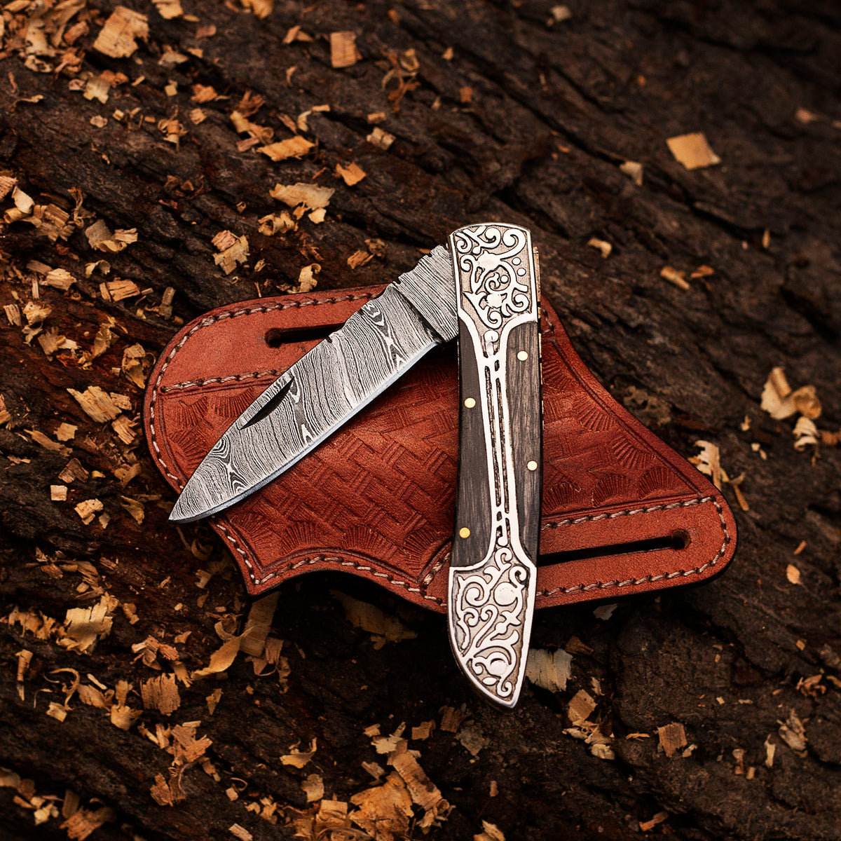 Damascus steel Folding Pocket Knife with Exotic wood Handle by Teton Twist Knives – view 1