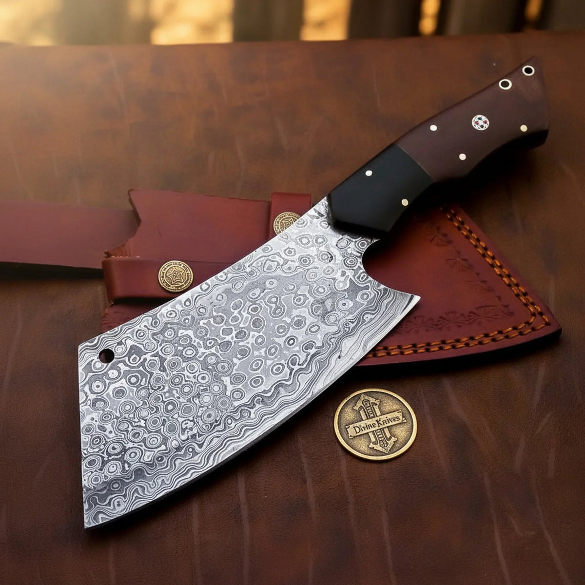 Rosewood Handle Meat Cleaver Knife with Raindrop Pattern Blade and Tooled Leather Sheath by Divine Knives