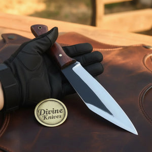 Rosewood Handle Drop Point Knife with Satin Blade and Cross Draw Leather Sheath