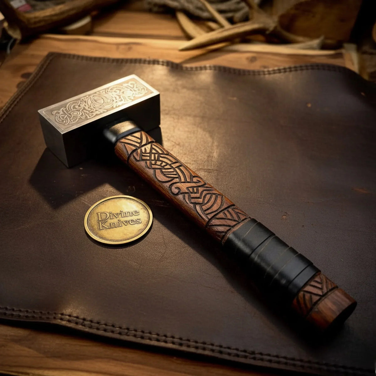 Engraved Norse War Hammer with Knotwork Carved Handle and Leather Wrapped Grip by Divine Knives