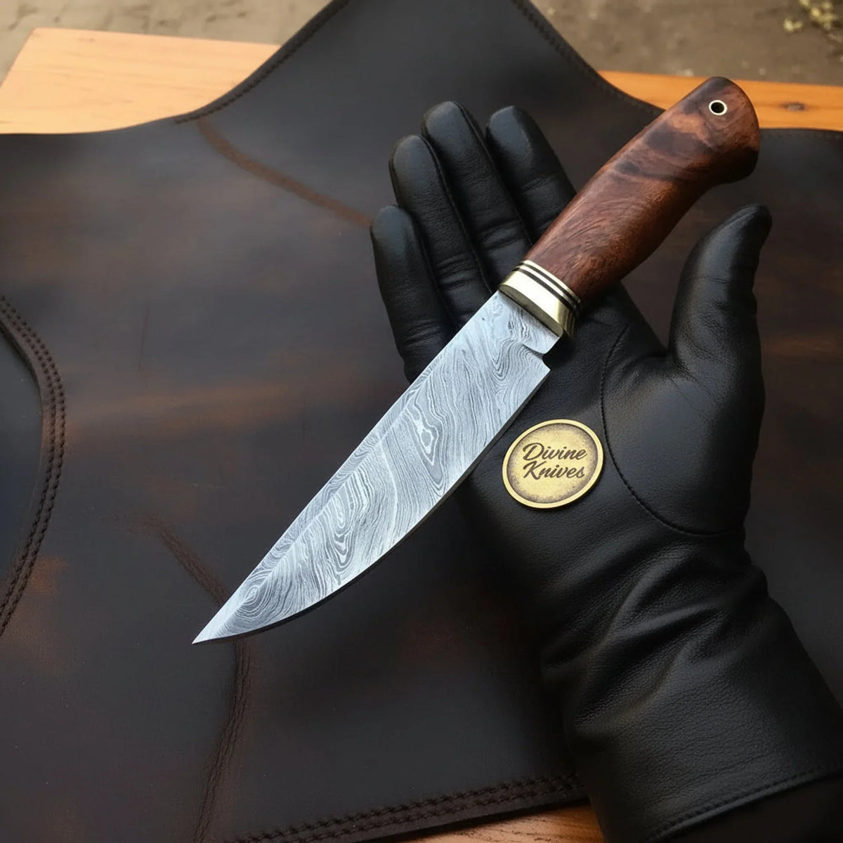 Brass Bolster Carving Chef Knife with Rosewood Handle and Layered Steel Blade by Divine Knives