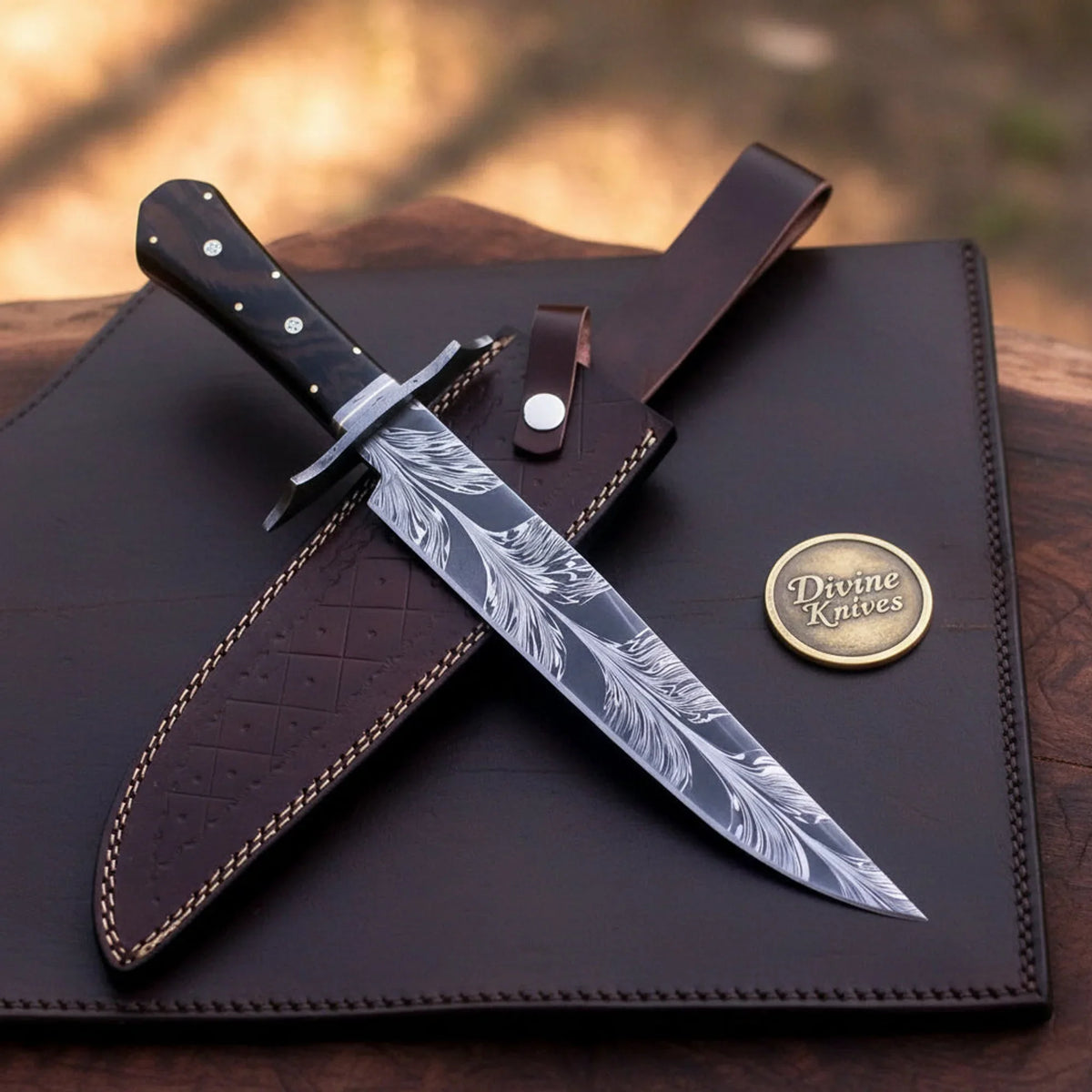 Coffin Handle Damascus Feather Bowie – Feather Pattern Blade with Dark Wood Handle