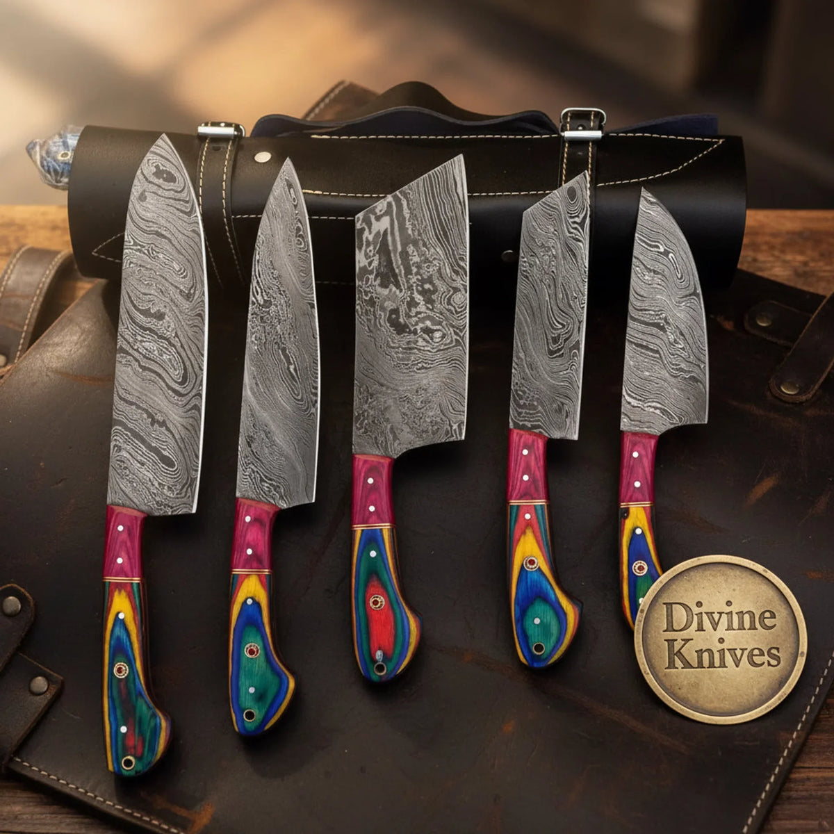 Prismwood Rainbow Pakkawood Damascus Chef Knife Set