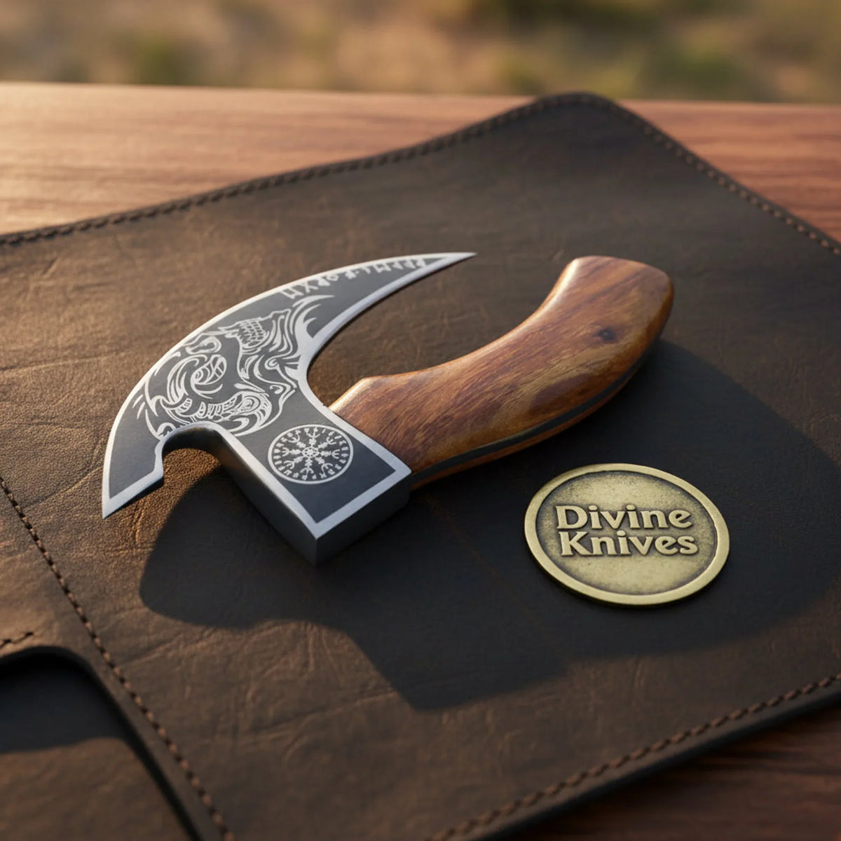 Skull Viking Pizza Axe with Engraved Head and Wood Handle by Divine Knives