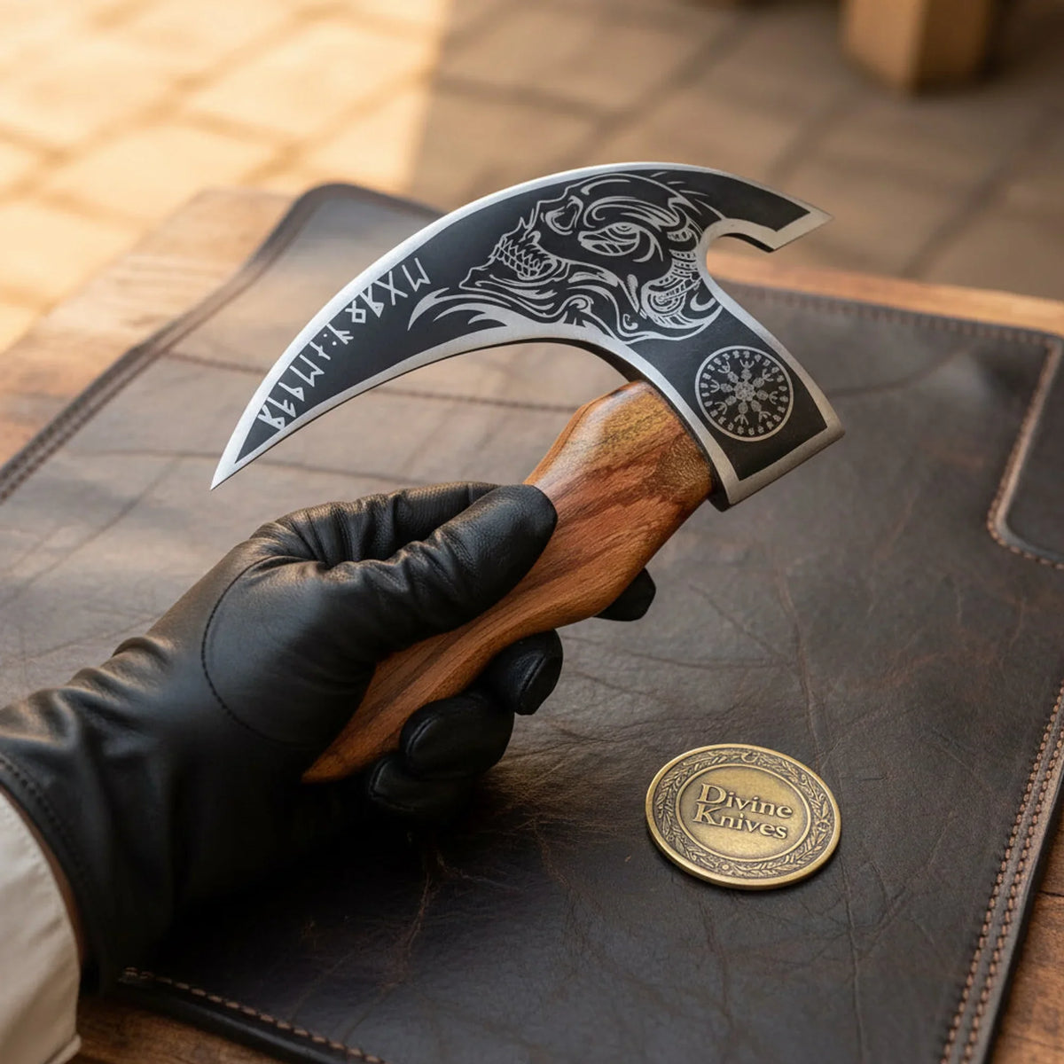 Skull Viking Pizza Axe with Engraved Head and Wood Handle detail view 2 by Divine Knives
