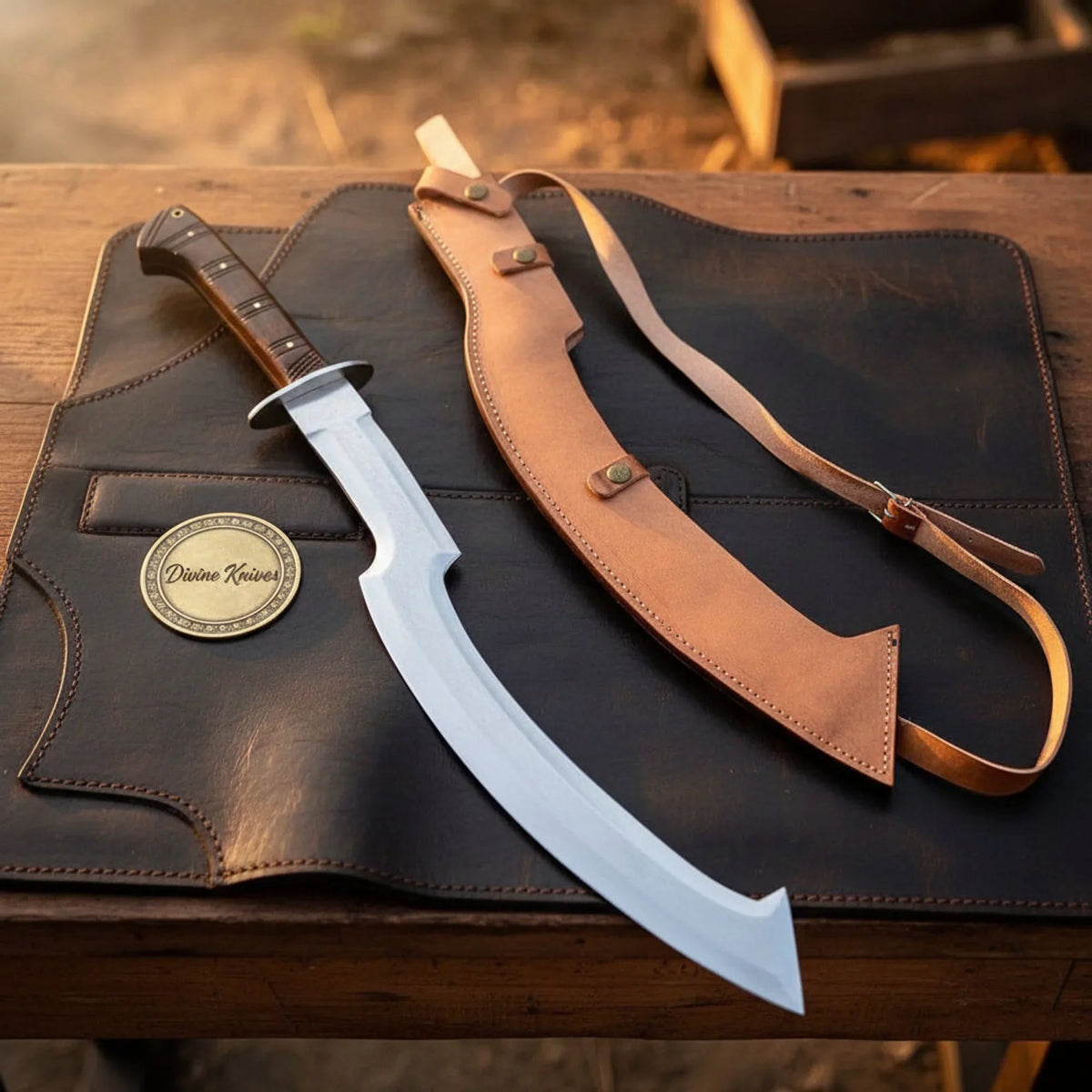 Polished Egyptian Khopesh Sword with Wood Handle and Leather Sheath by Divine Knives