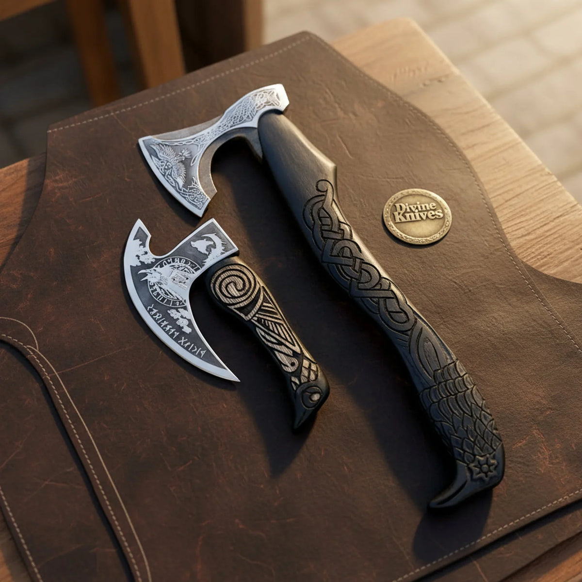 Norse Raven Carved Hatchet Set with Detailed Engravings and Carved Handles by Divine Knives