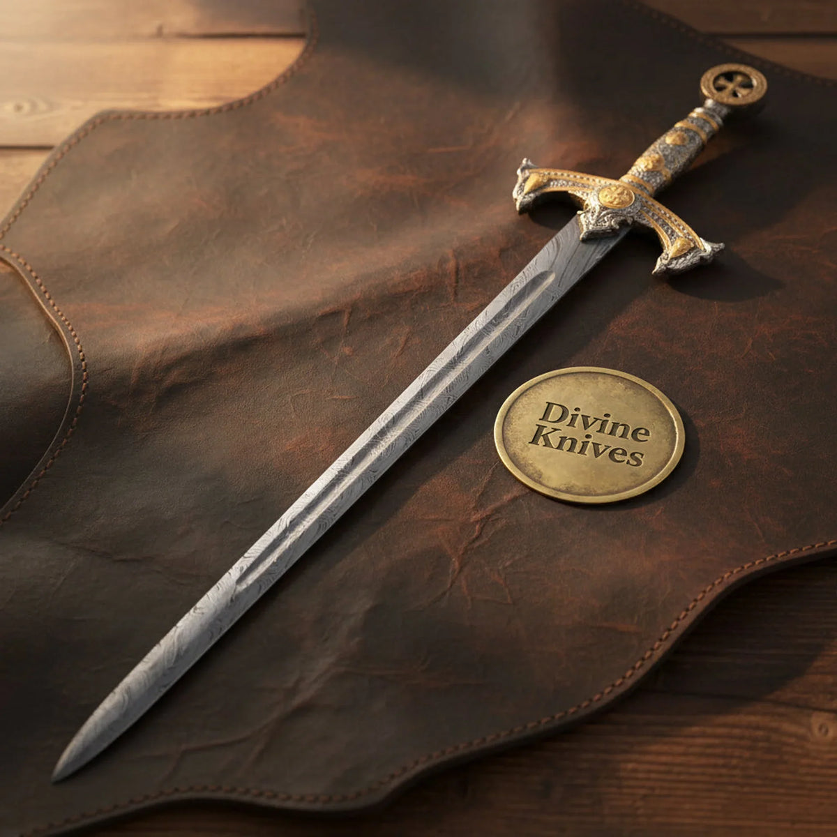 Goldhilt Damascus Gold Cross Medieval Sword with Fullered Blade by Divine Knives