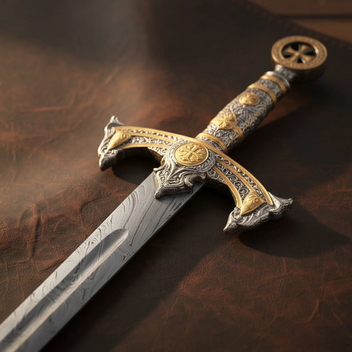 Goldhilt Damascus Gold Cross Medieval Sword with Fullered Blade detail view 2 by Divine Knives