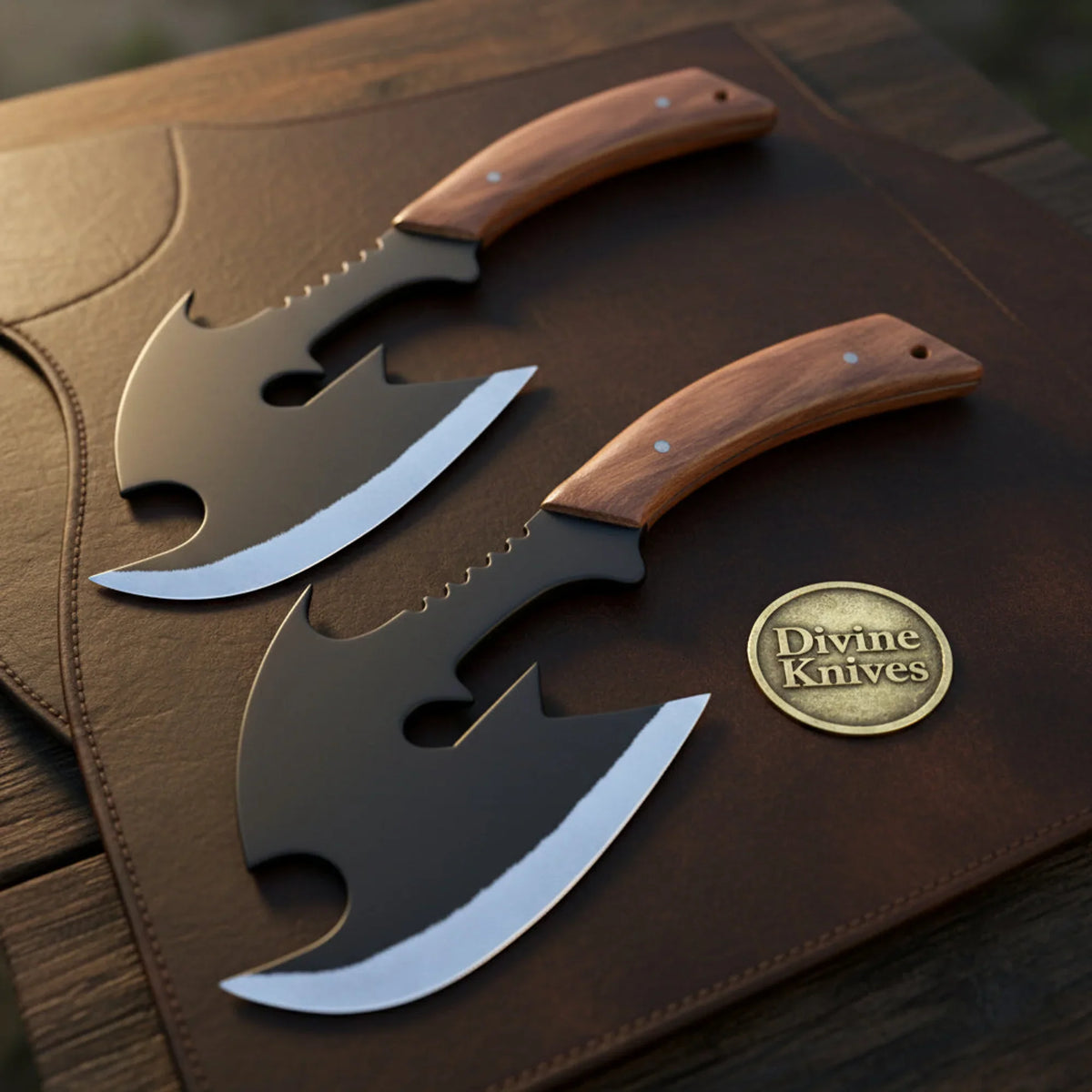 Cutwing Cleaver Tomahawk Hatchet Set with Pinned Hardwood Scales by Divine Knives