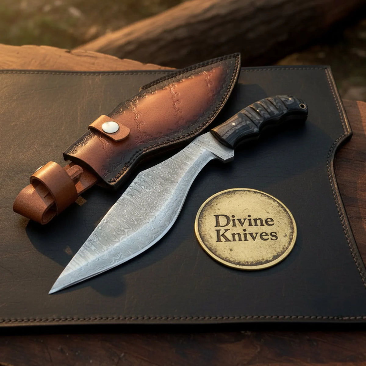 Damascus Scourge Gurkha Kukri with Curved Blade and Dark Contoured Handle