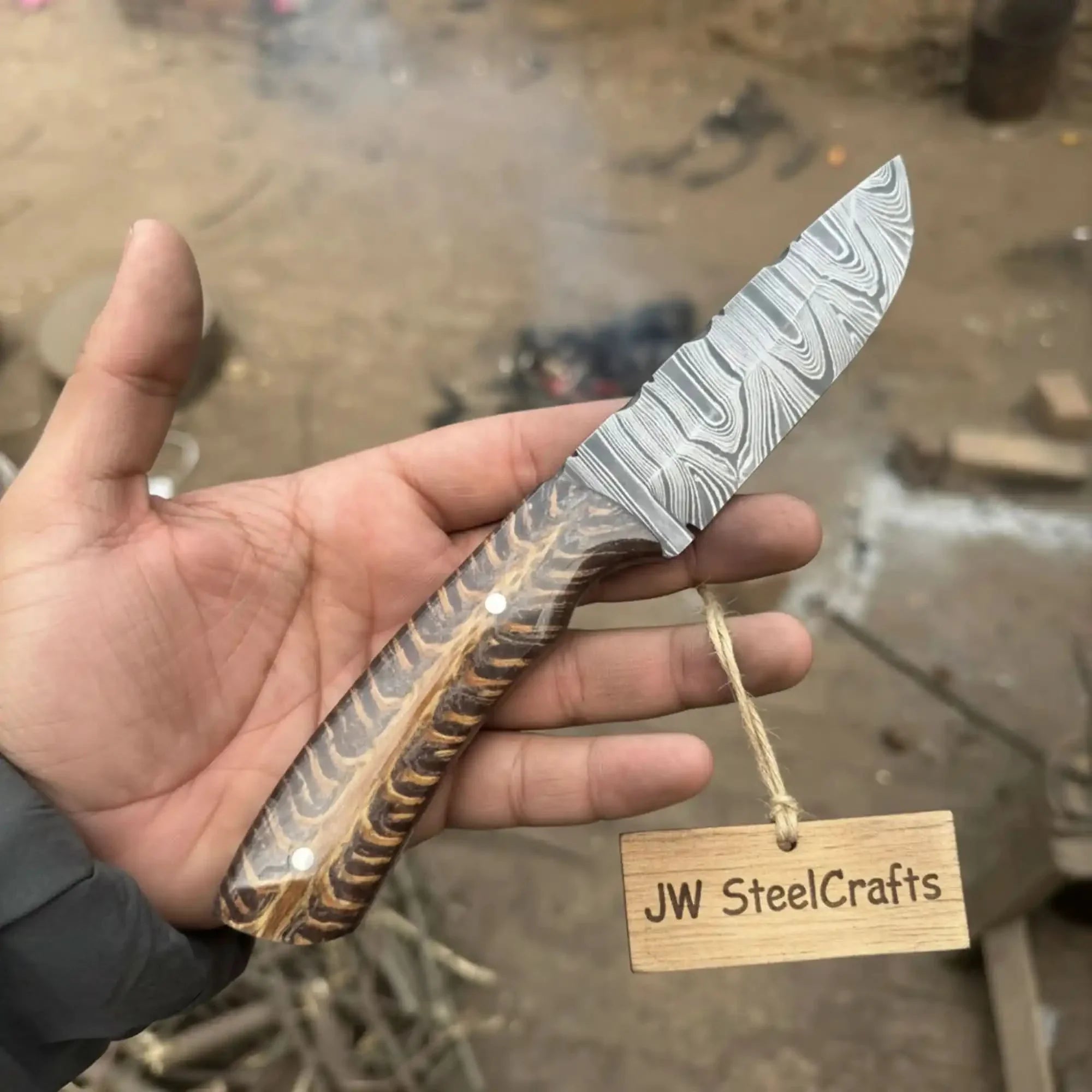 7.5-Inch Damascus Puukko Fixed Blade Knife with Pinecone Epoxy Resin Handle by JW SteelCrafts, Damascus knife main product photo