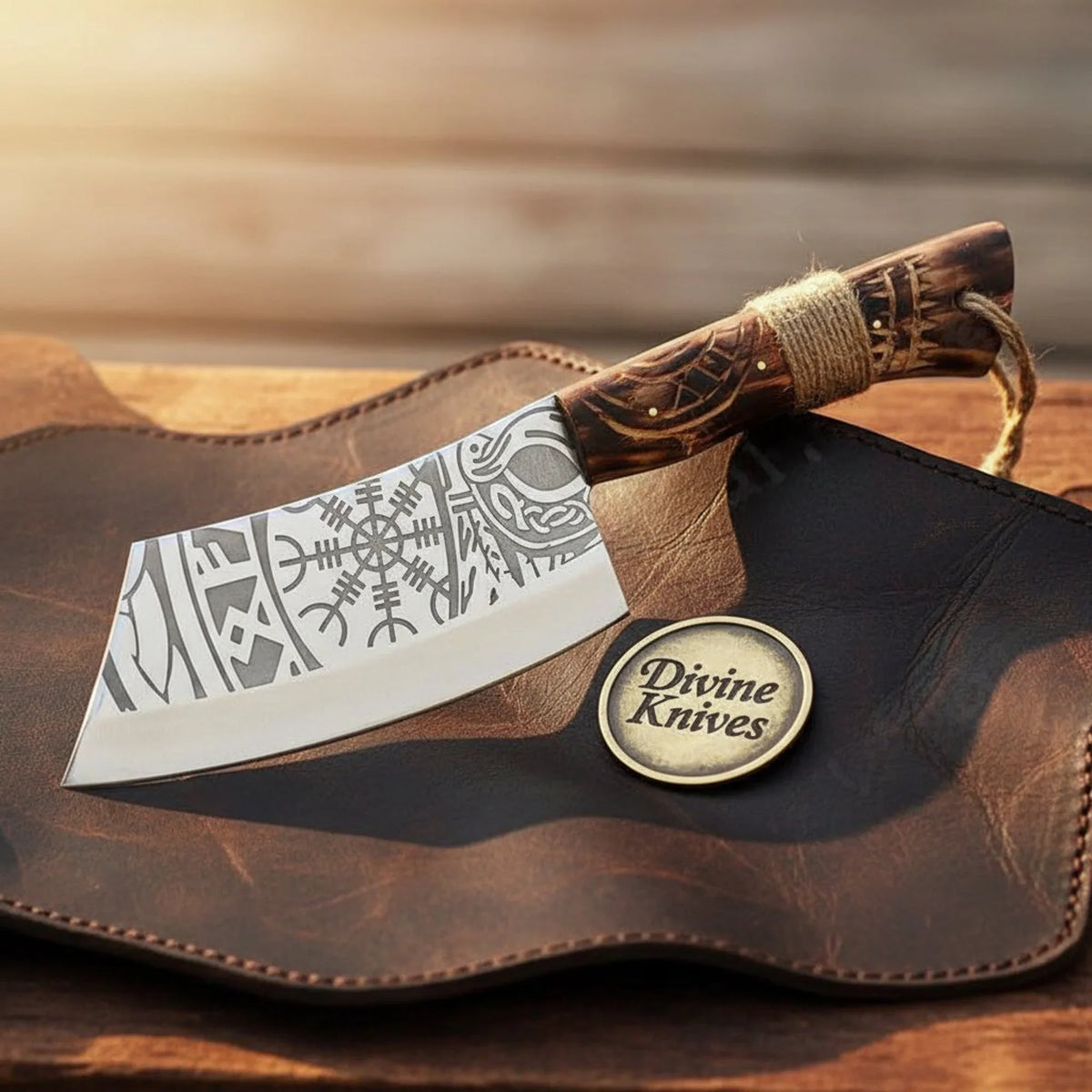 Viking Vegvisir Cleaver with Wood Handle and Cord Wrap