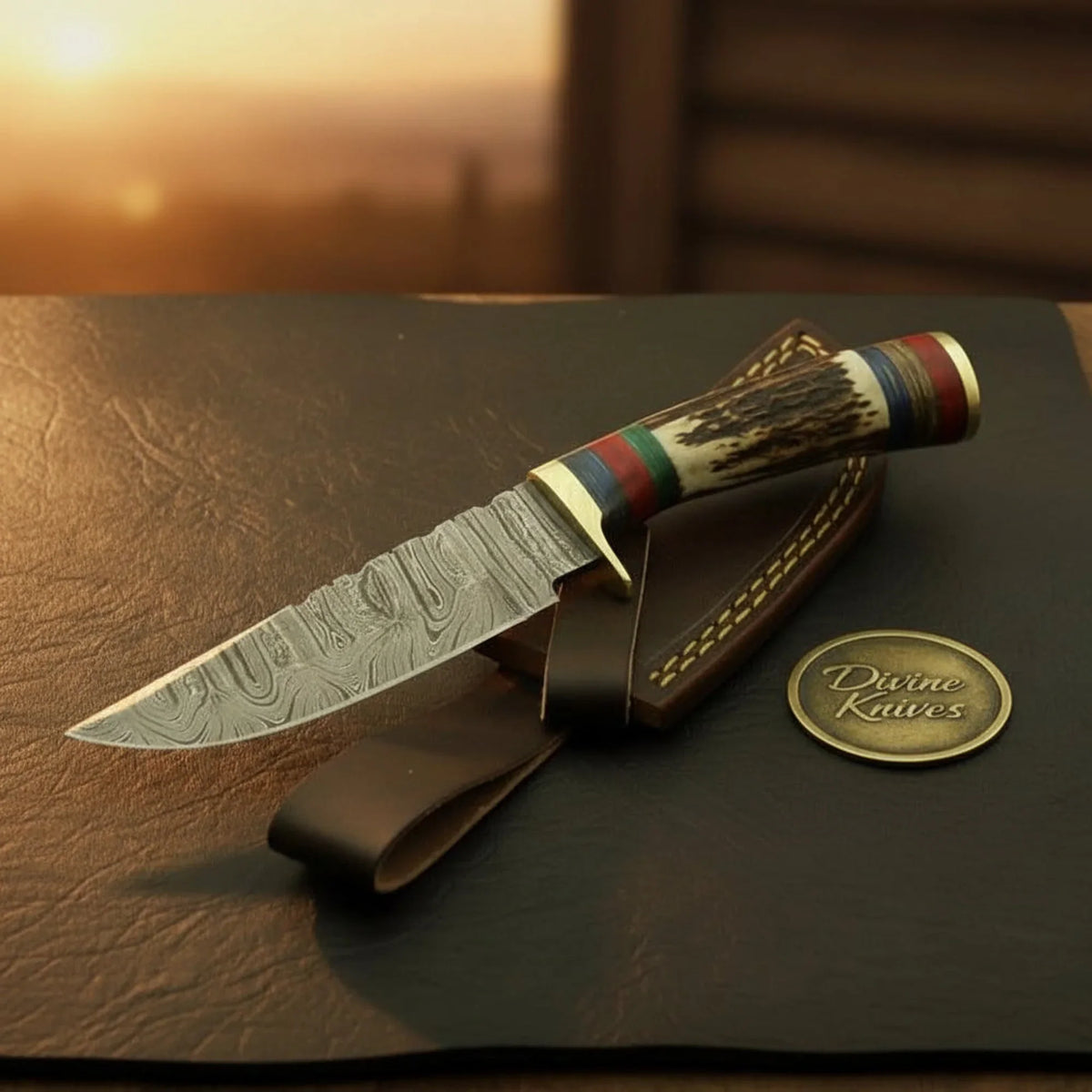 Stacked Antler Damascus Drop Point Knife with Colored Spacers and Brass Fittings by Divine Knives