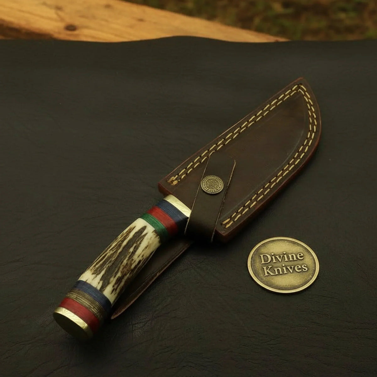 Stacked Antler Damascus Drop Point Knife with Colored Spacers and Brass Fittings detail view 2 by Divine Knives