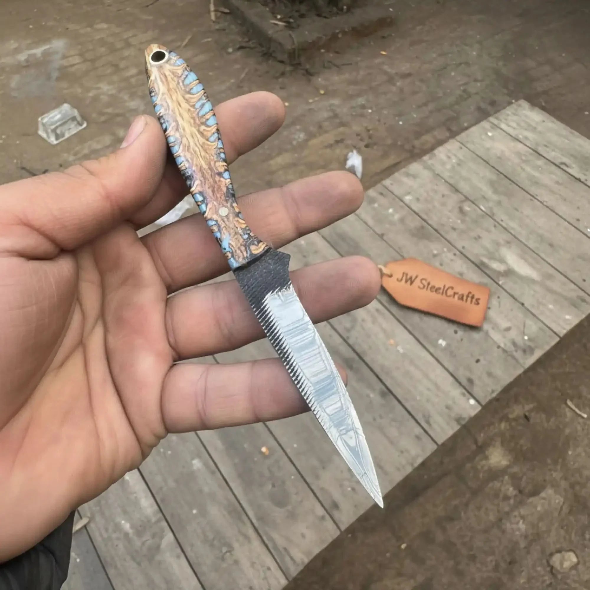 7-Inch Rasp Steel Dagger — Double-Edged Blade, Pinecone Blue Resin Handle, Steel Guard & Brass Lanyard Hole by JW SteelCrafts, Southern lifestyle apparel main product photo