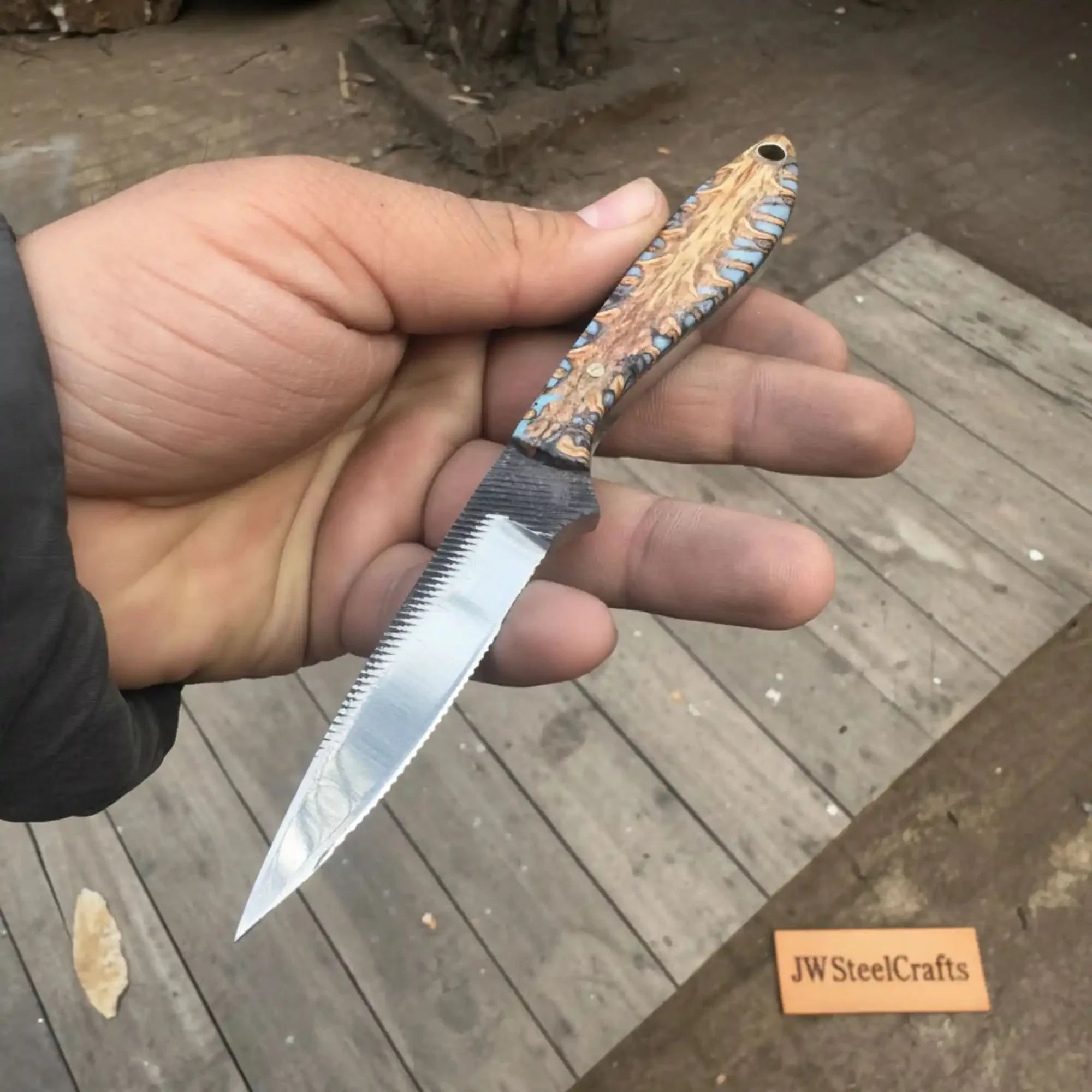 7-Inch Rasp Steel Dagger — Double-Edged Blade, Pinecone Blue Resin Handle, Steel Guard & Brass Lanyard Hole by JW SteelCrafts, Southern lifestyle apparel detail photo 2