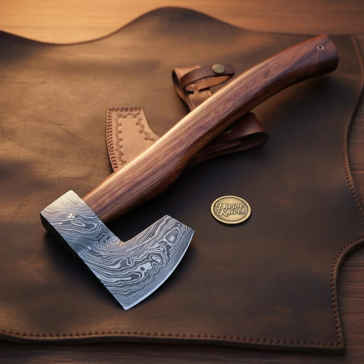 Damascus Steel Viking Bearded Hatchet with Wood Handle and Leather Sheath by Divine Knives