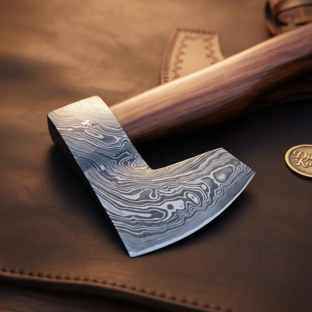 Damascus Steel Viking Bearded Hatchet with Wood Handle and Leather Sheath detail view 2 by Divine Knives