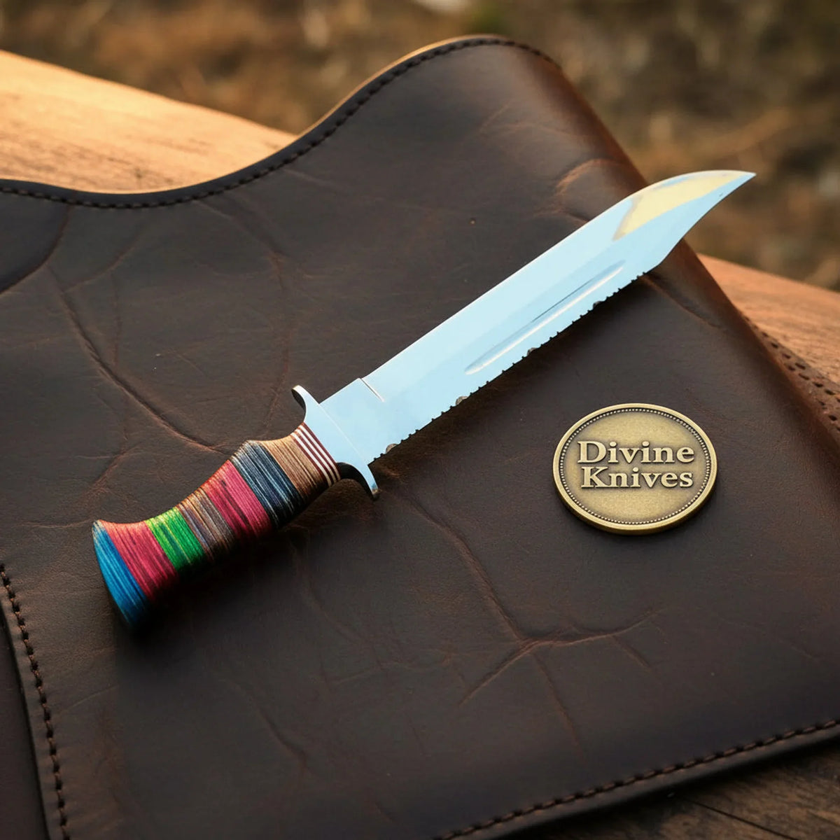 Multi-Color Stacked Clip Point Bowie with Bright Layered Handle