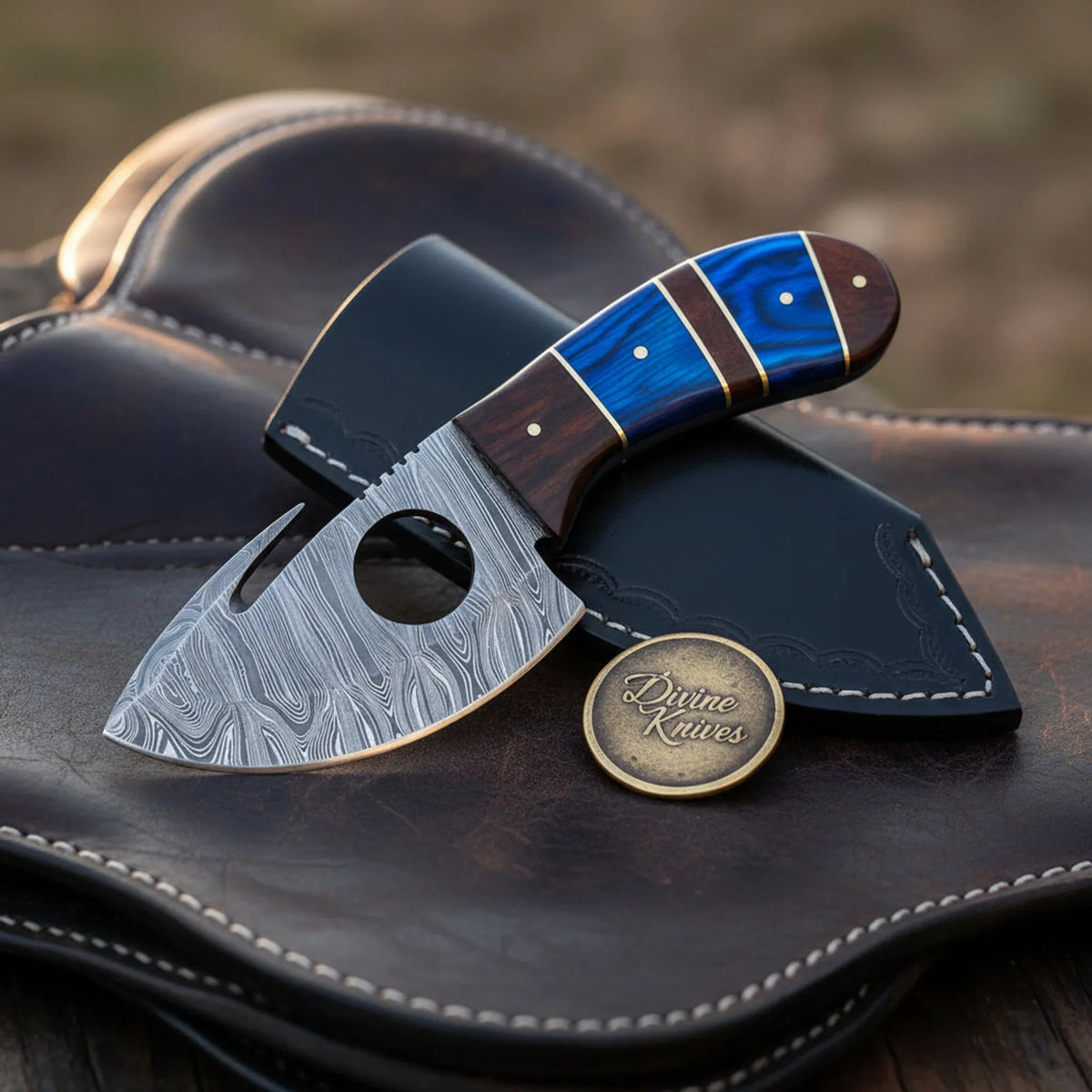 Blue Pakkawood Cutout Gut Hook Skinner with Two-Tone Handle by Divine Knives