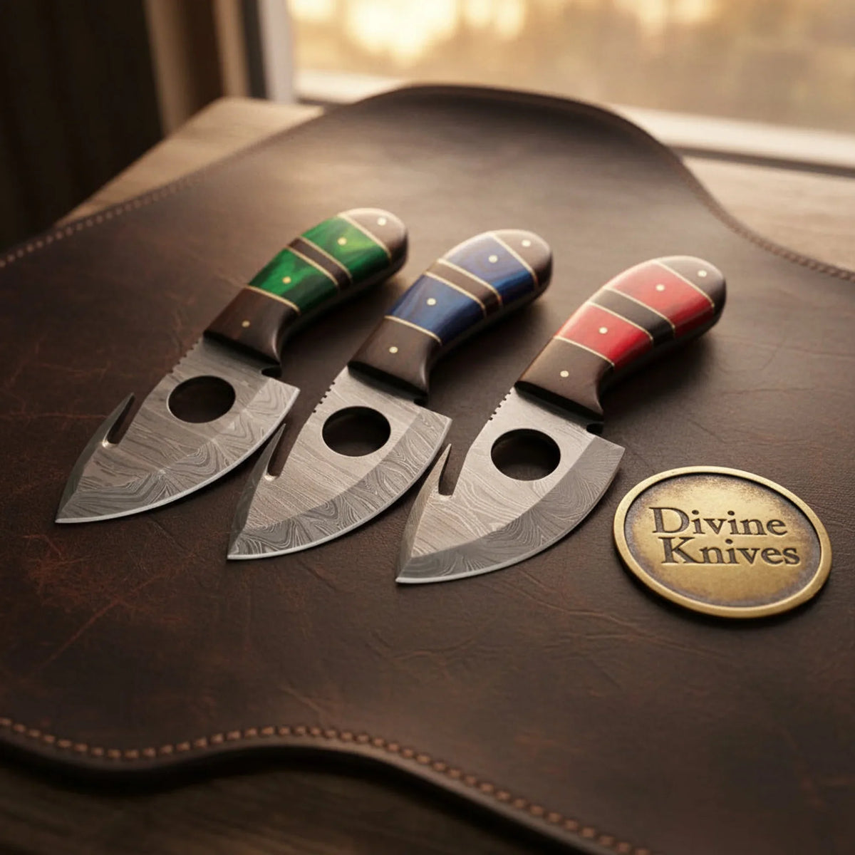Triport Hole Cutout Gut Hook Skinner Set with Three Damascus Blades by Divine Knives