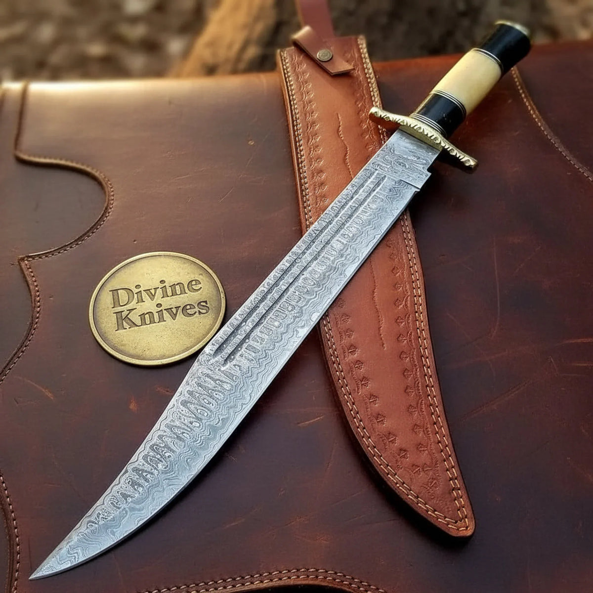 Stacked Bone Damascus Trailing Point Bowie with Alternating Bone Handle