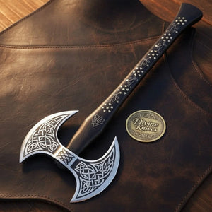 Norse Etched Double Head Viking Axe with Knotwork on Four Faces
