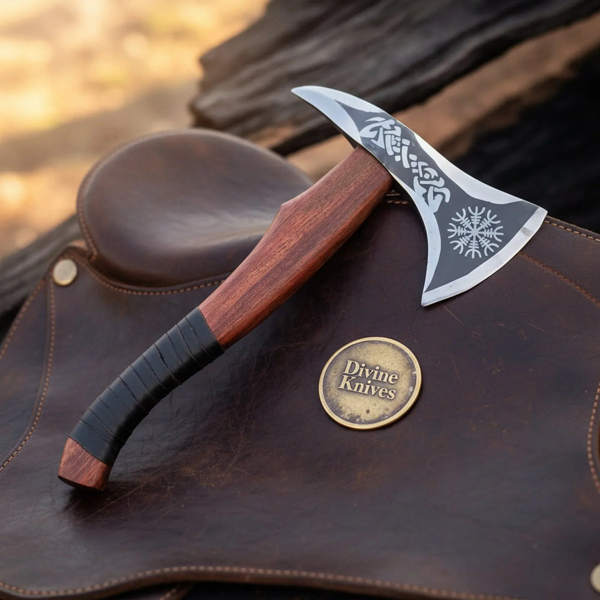Norse Etched Notch Tomahawk Hatchet with Wood Handle and Leather Wrap