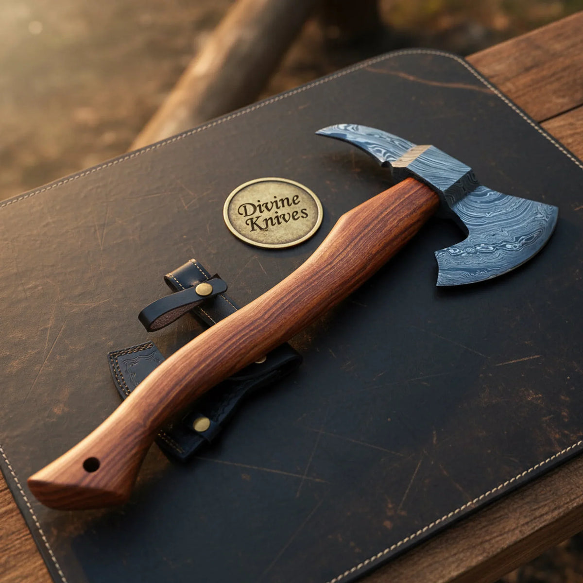 Damascus Steel Notch Tomahawk Axe with Wood Handle and Leather Sheath by Divine Knives