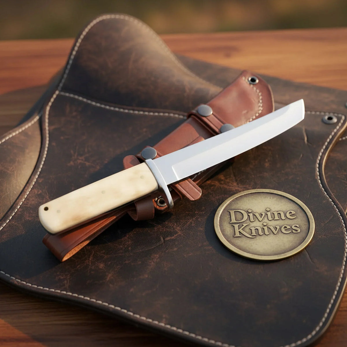 Camel Bone Japanese Tanto Knife with Angled Tip and Bone Handle by Divine Knives