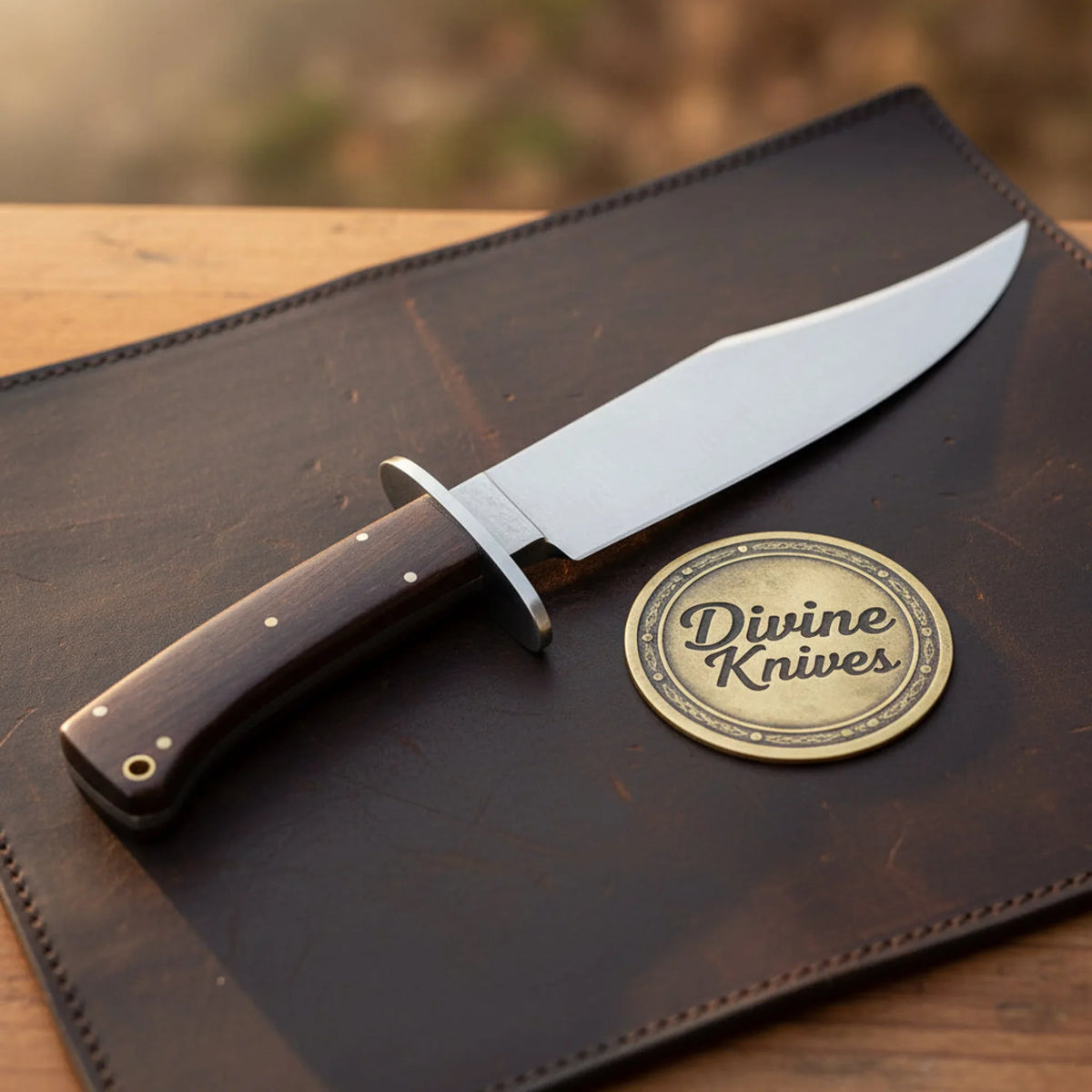 Wooden Classic Clip Point Bowie with Dark Wood Handle and Simple Guard