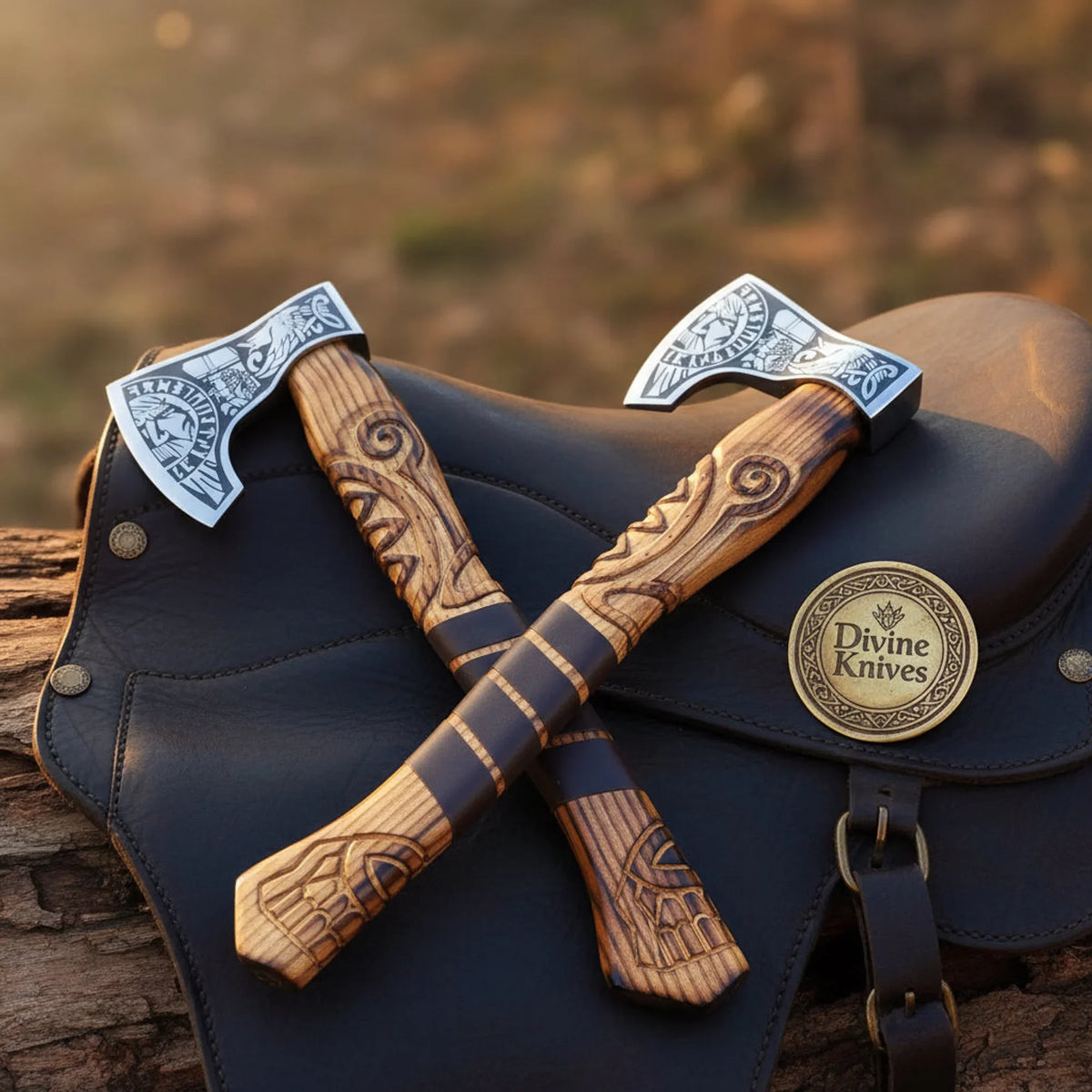 Odin Engraved Viking Bearded Axe Set with Carved Handles and Detailed Heads