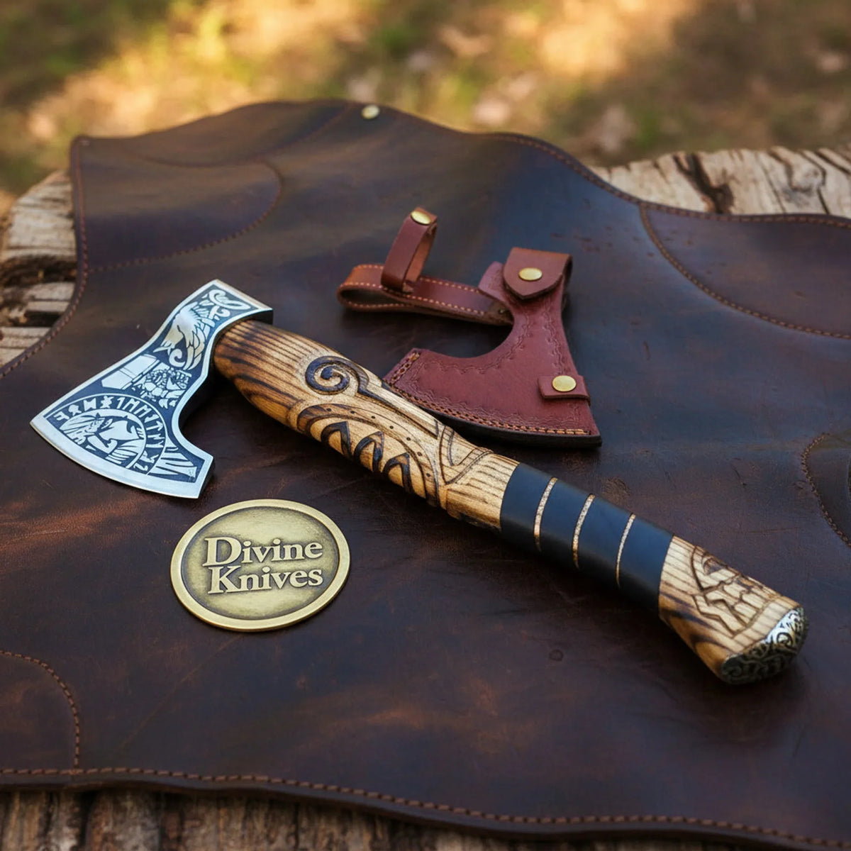 Ravenmark Odin Viking Runes Etched Bearded Axe with Burned Haft