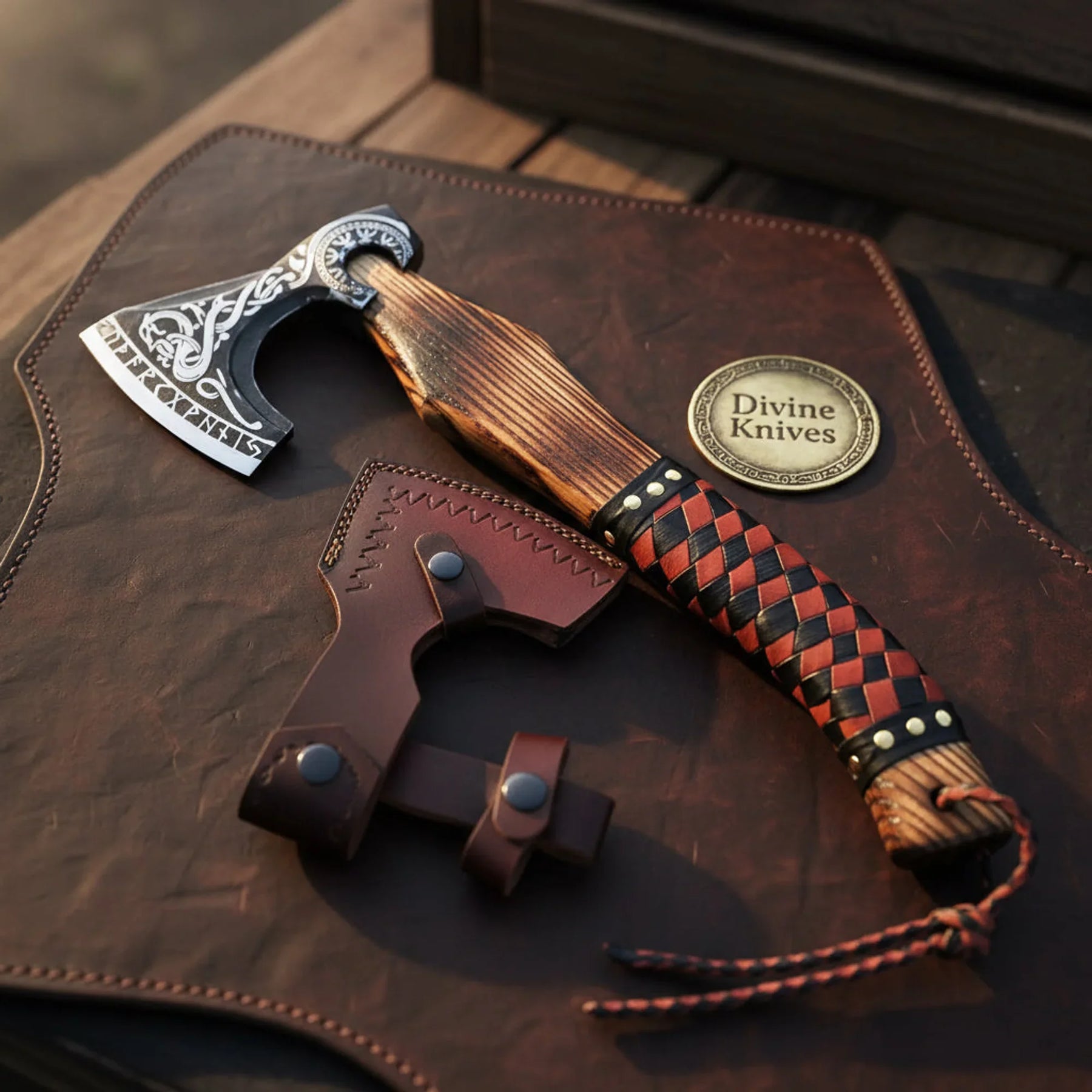 Norse Runic Etched Camp Hatchet with Braided Leather Wrap Handle