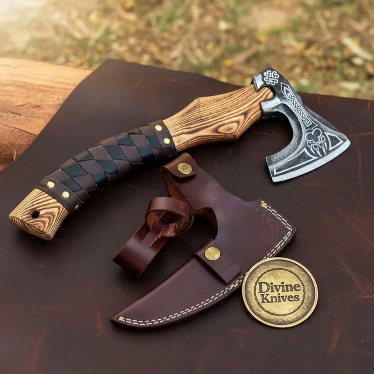 Bear Claw Viking Camp Axe with Braided Leather Wrap Handle