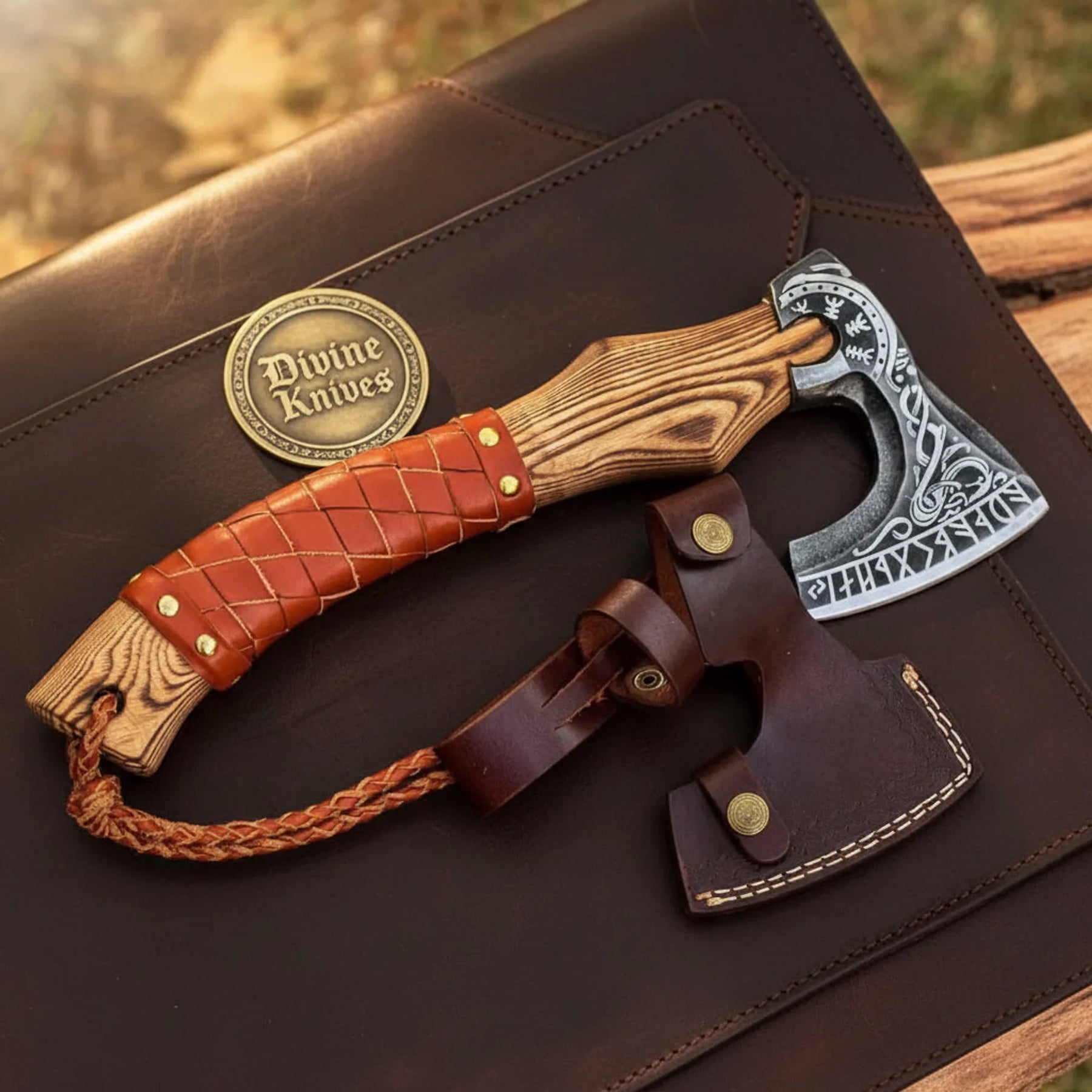 Norse Engraved Camp Hatchet with Runic Head and Laced Leather Grip