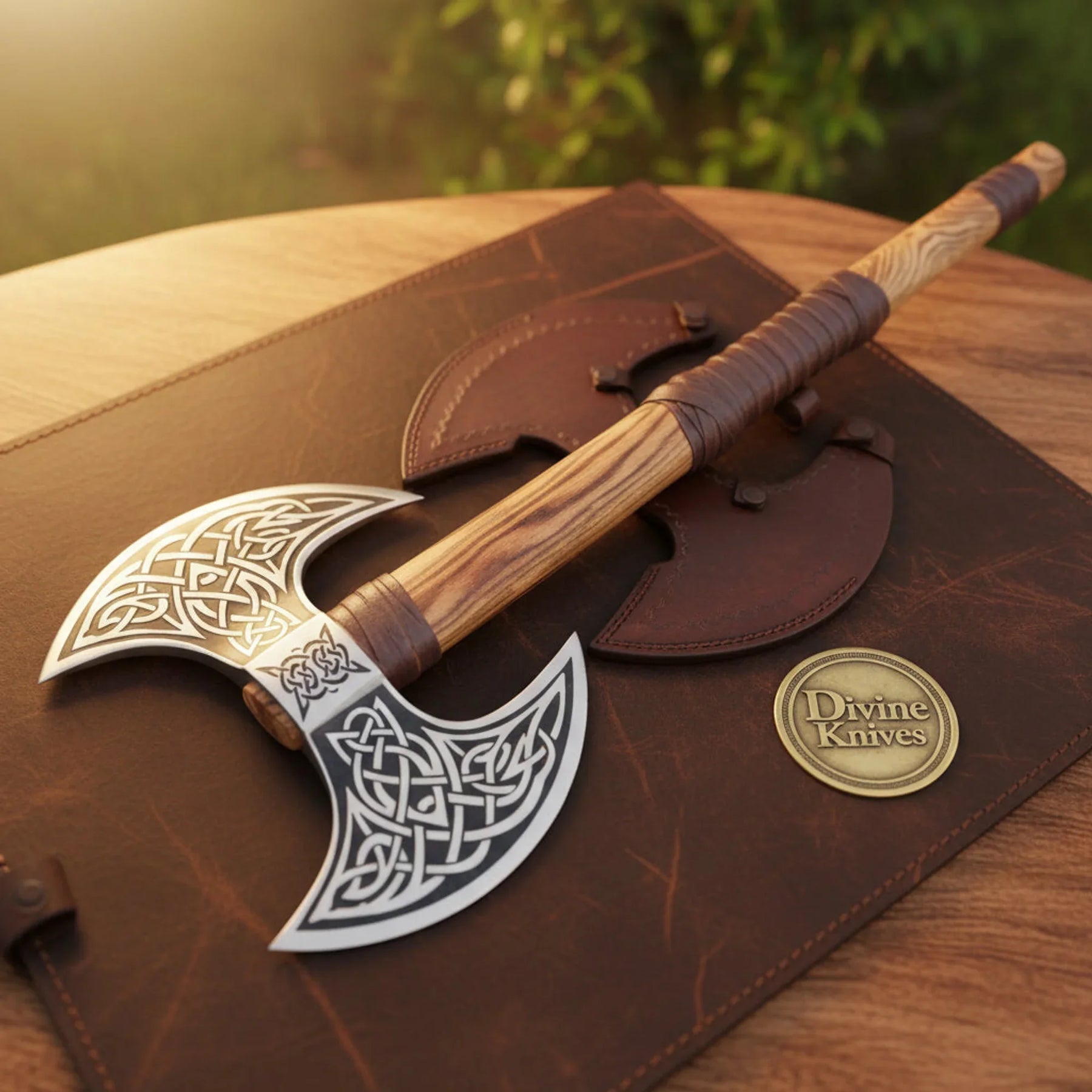 Celtic Knotwork Double Headed Axe with Wood Handle and Leather Sheath