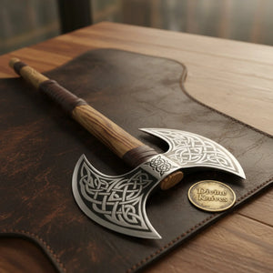 Celtic Knotwork Double Headed Axe with Wood Handle and Leather Sheath