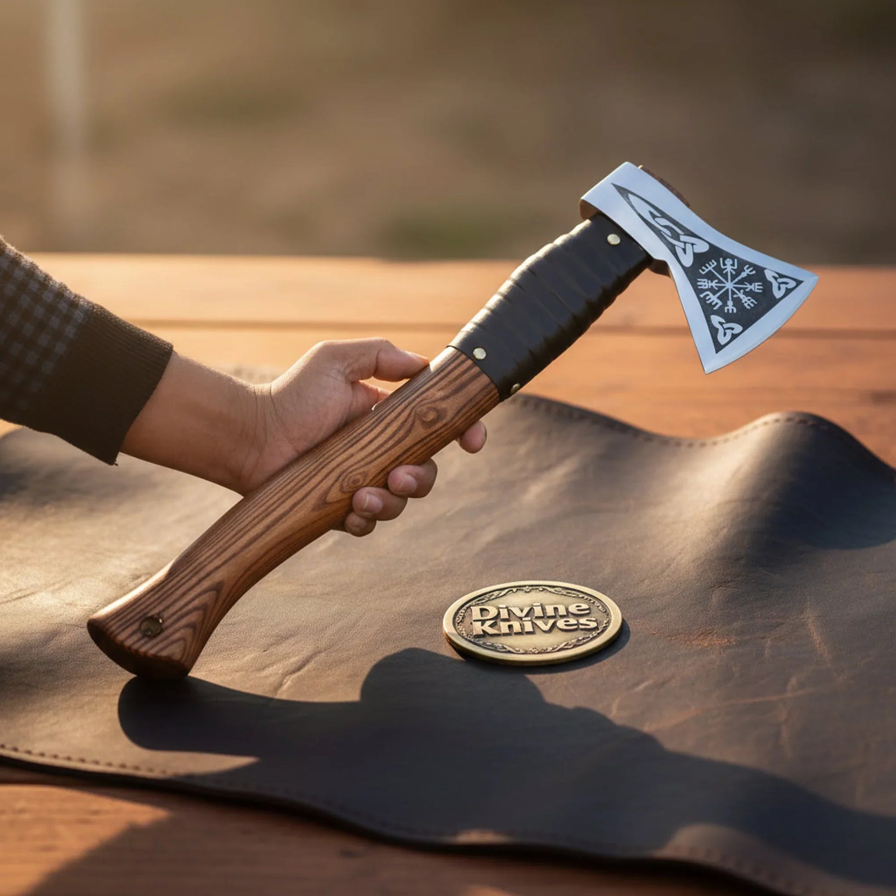 Norse Runic Compass Camp Hatchet with Wood Handle and Leather Wrap