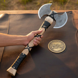 Double-Bit Medieval Warrior Axe with Antiqued Head and Leather-Wrapped