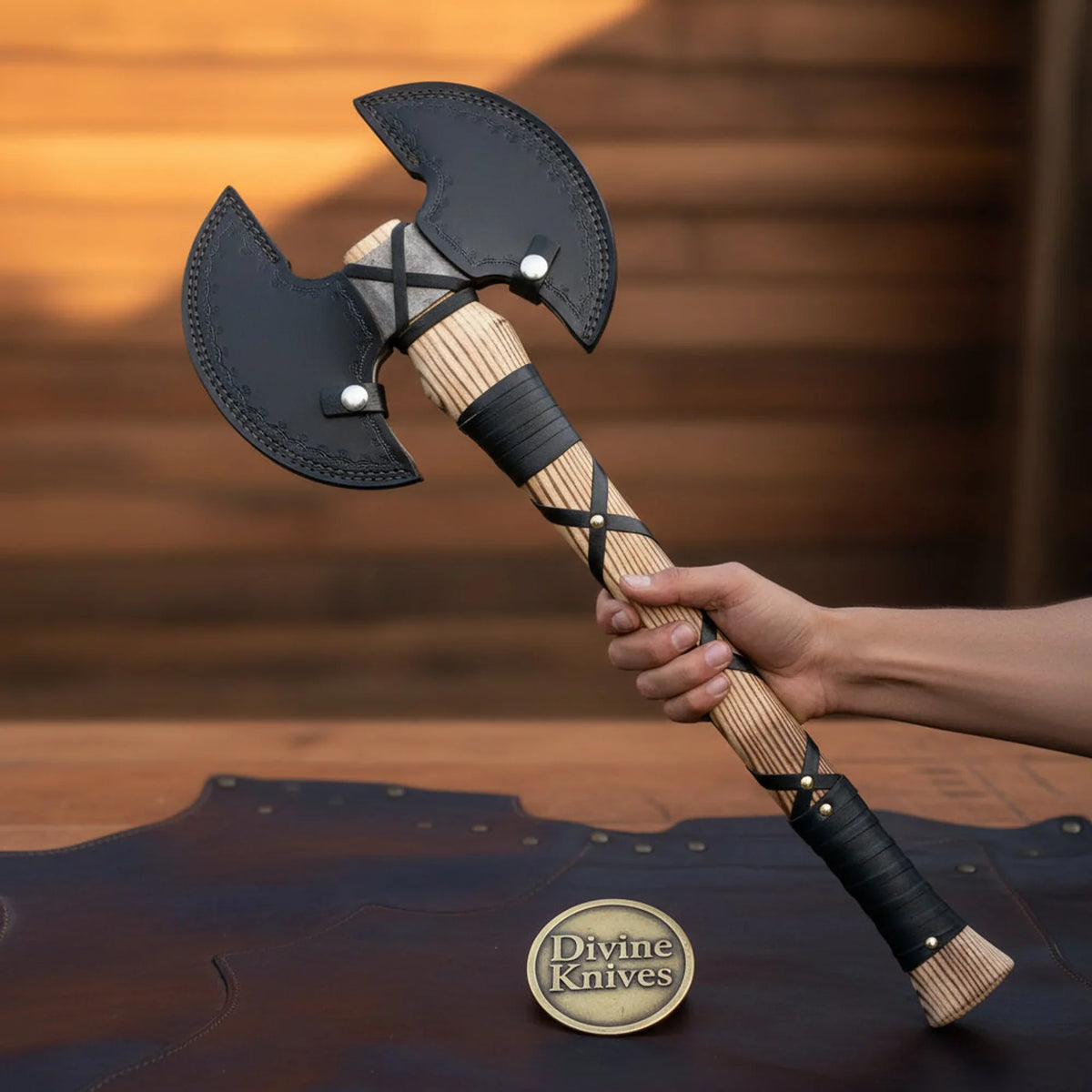 Double-Bit Medieval Warrior Axe with Antiqued Head and Leather-Wrapped